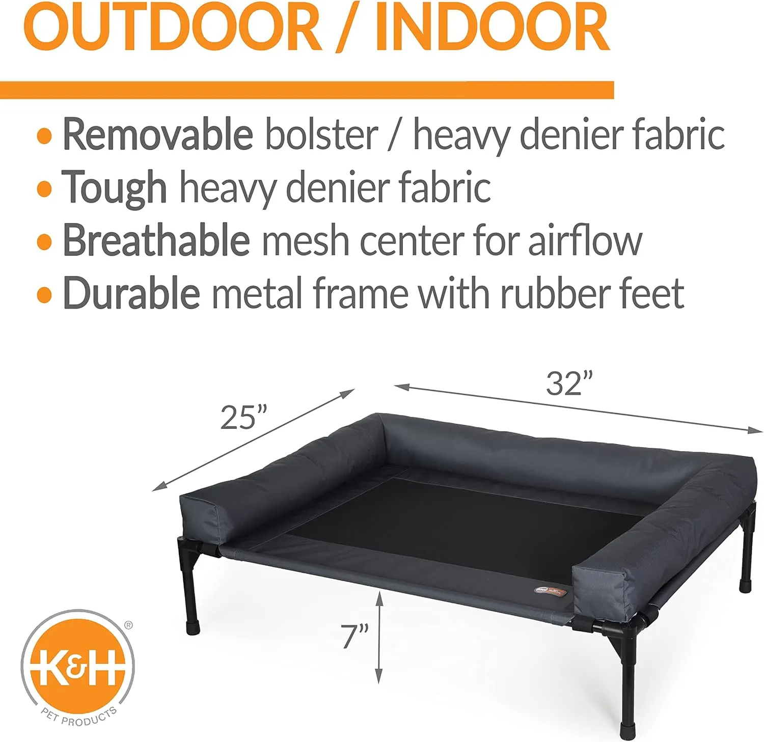 K&H Pet Products Bolster Dog Cot, Cooling Indoor Outdoor Elevated Cot Hammock Dog Bed with Removable Washable Bolsters, Washable Mesh Cover, Raised Metal Frame - Medium 32 X 25in Charcoal