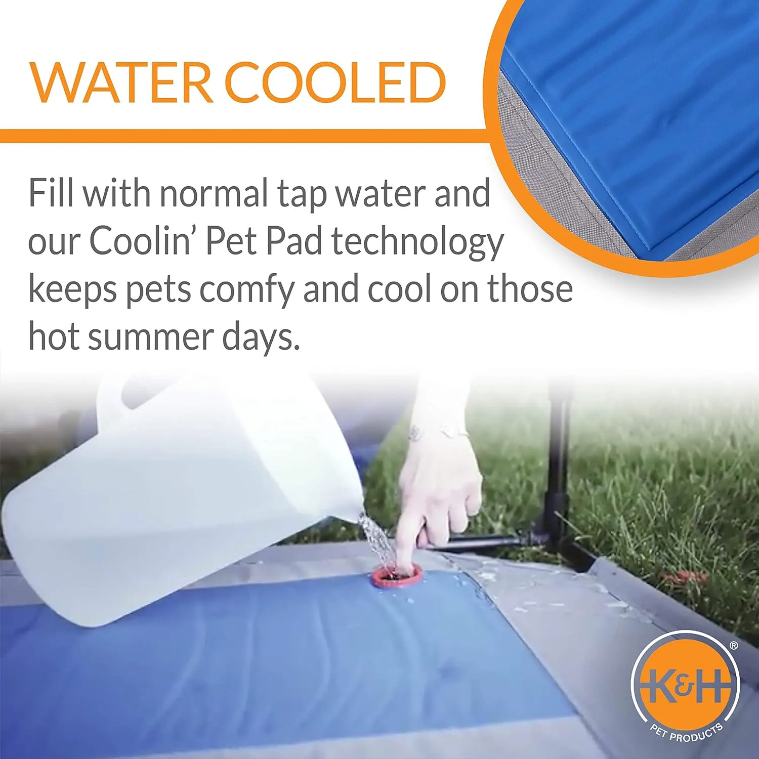 K&H Pet Products Coolin' Pet Cot, Outdoor Cooling Elevated Dog Cot for Large Dogs, Raised Bed with Cool-Core Center, Portable Pet Platform with Heavy-Duty Metal Frame - Large Gray/Blue