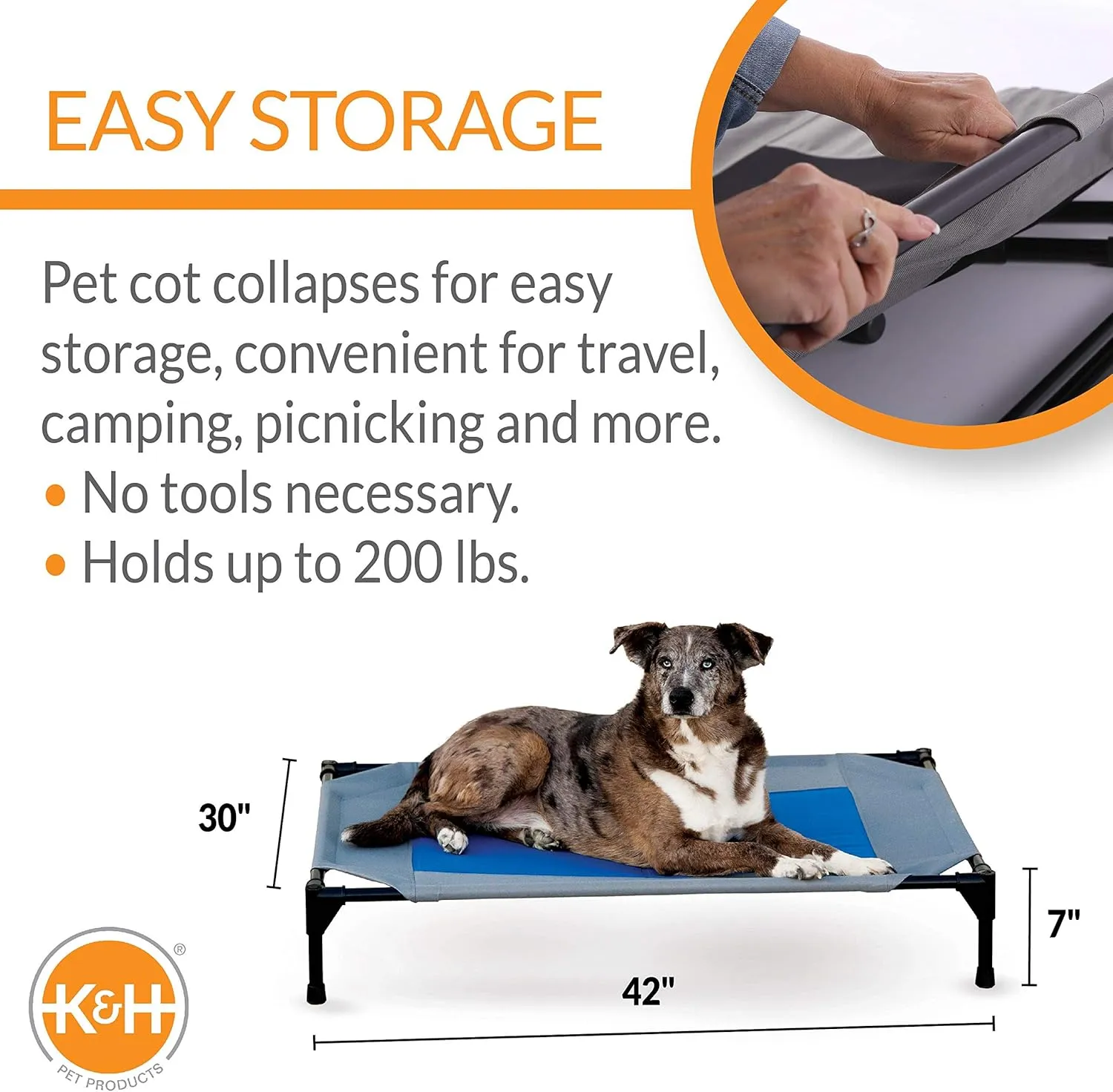 K&H Pet Products Coolin' Pet Cot, Outdoor Cooling Elevated Dog Cot for Large Dogs, Raised Bed with Cool-Core Center, Portable Pet Platform with Heavy-Duty Metal Frame - Large Gray/Blue
