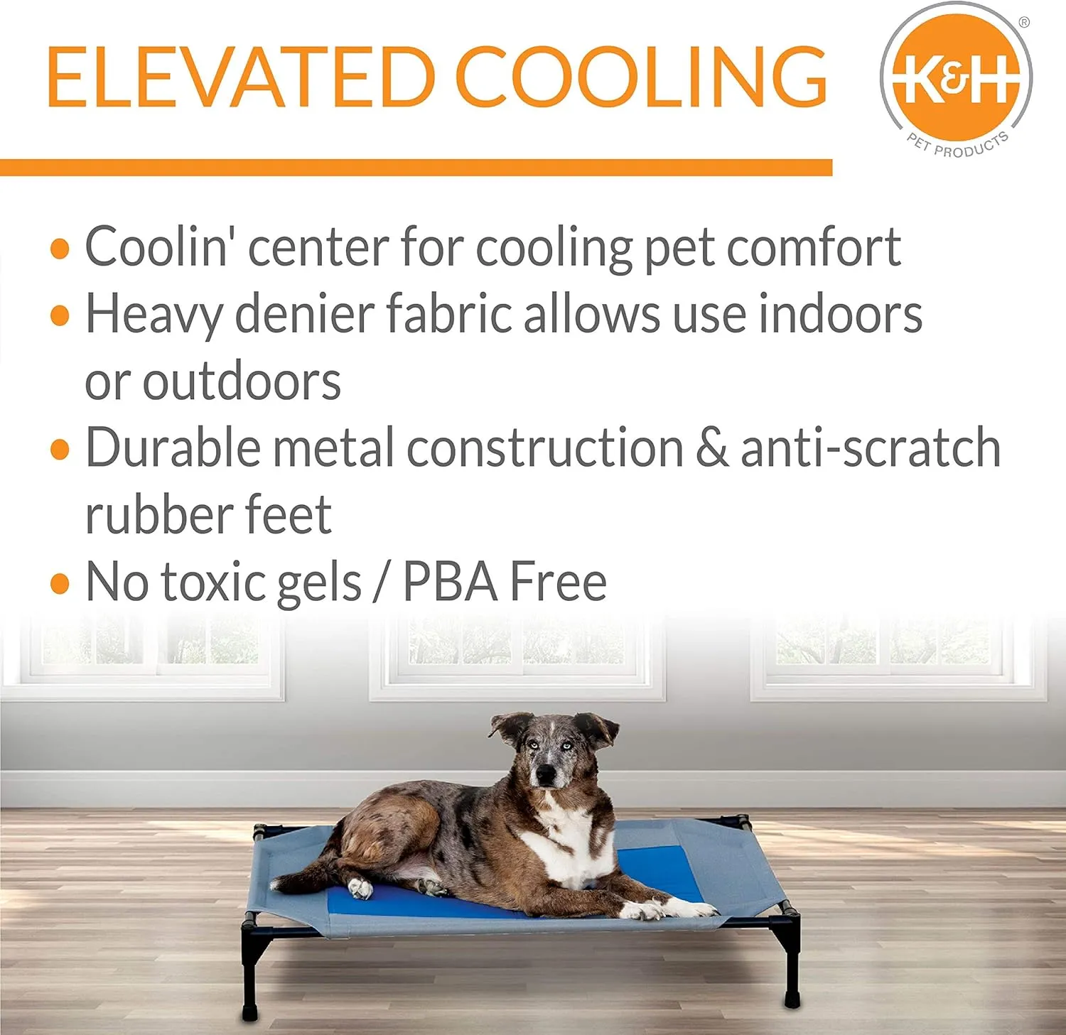 K&H Pet Products Coolin' Pet Cot, Outdoor Cooling Elevated Dog Cot for Large Dogs, Raised Bed with Cool-Core Center, Portable Pet Platform with Heavy-Duty Metal Frame - Large Gray/Blue
