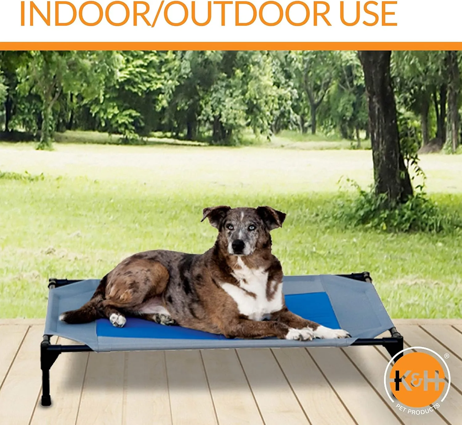 K&H Pet Products Coolin' Pet Cot, Outdoor Cooling Elevated Dog Cot for Large Dogs, Raised Bed with Cool-Core Center, Portable Pet Platform with Heavy-Duty Metal Frame - Large Gray/Blue