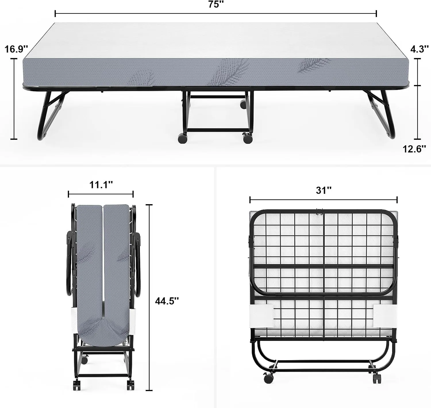 Karcog Folding Bed with Mattress, Storage Cover Included, Cot Size Extra Rollaway Guest Bed for Adults, with Memory Foam Mattress and Sturdy Metal Frame on Wheels, 75” x 31