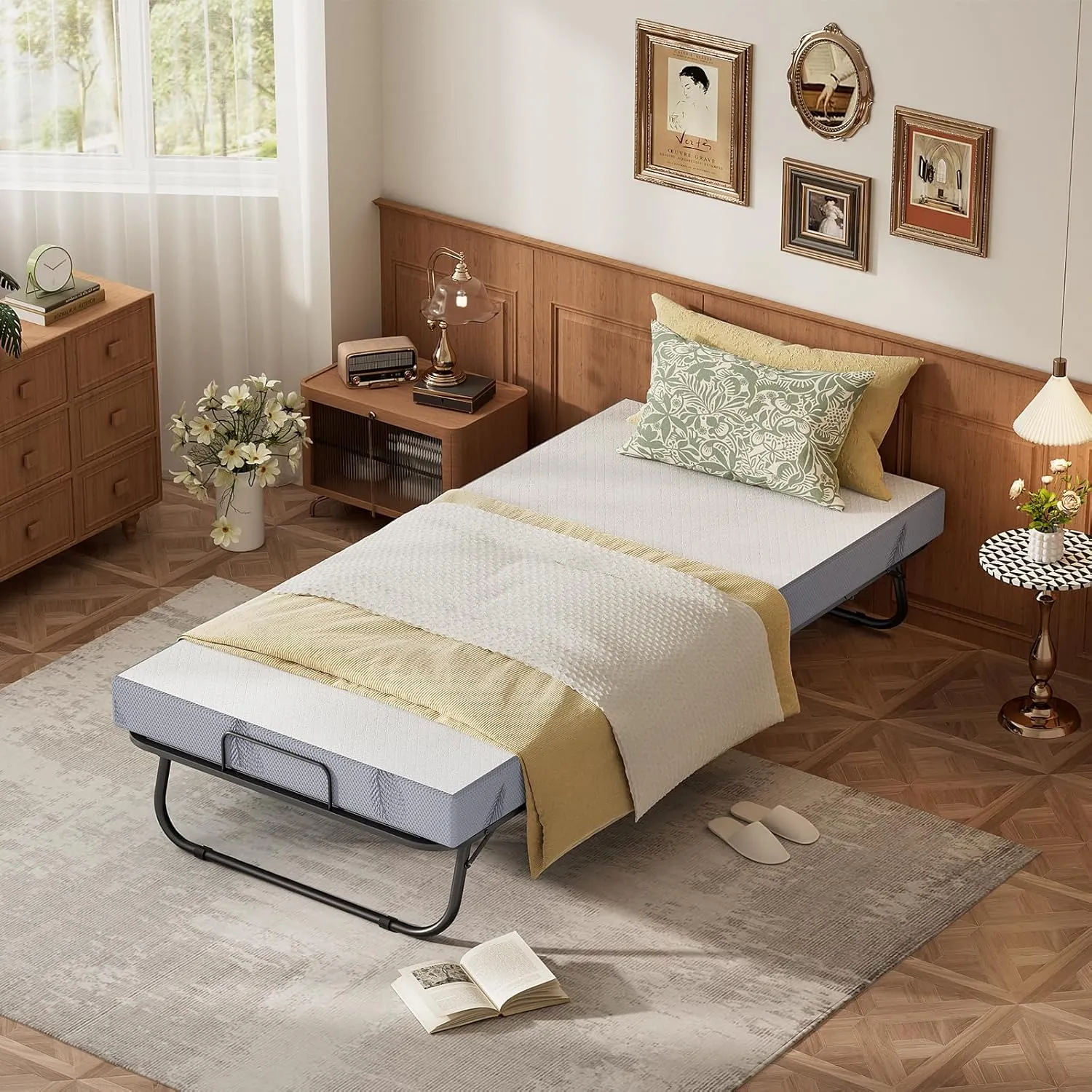 Karcog Folding Bed with Mattress, Storage Cover Included, Cot Size Extra Rollaway Guest Bed for Adults, with Memory Foam Mattress and Sturdy Metal Frame on Wheels, 75” x 31