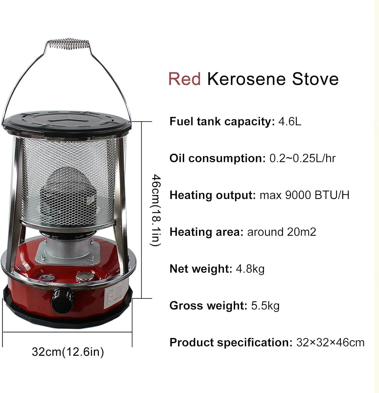 Kerosene Stove Indoor, Portable Petroleum Stove, Mobile Without Electricity Heating for Outdoor Camping Tents, Kerosene Heater With Storage Bag and Wick, 4.6l, Efficient,Red-32×32×46cm