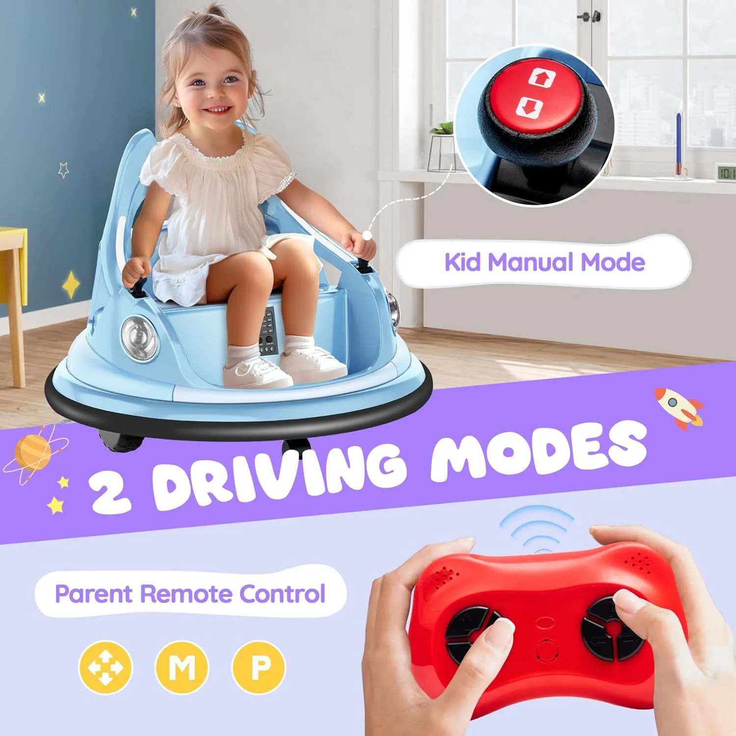 Kids Bumper Car 12 V, Toddlers Ride on Car with Remote Control, Baby Electric Bumper Car with 360 Degree Spin, LED Lights, Music, Aged 3-5 Years, Powder Blue