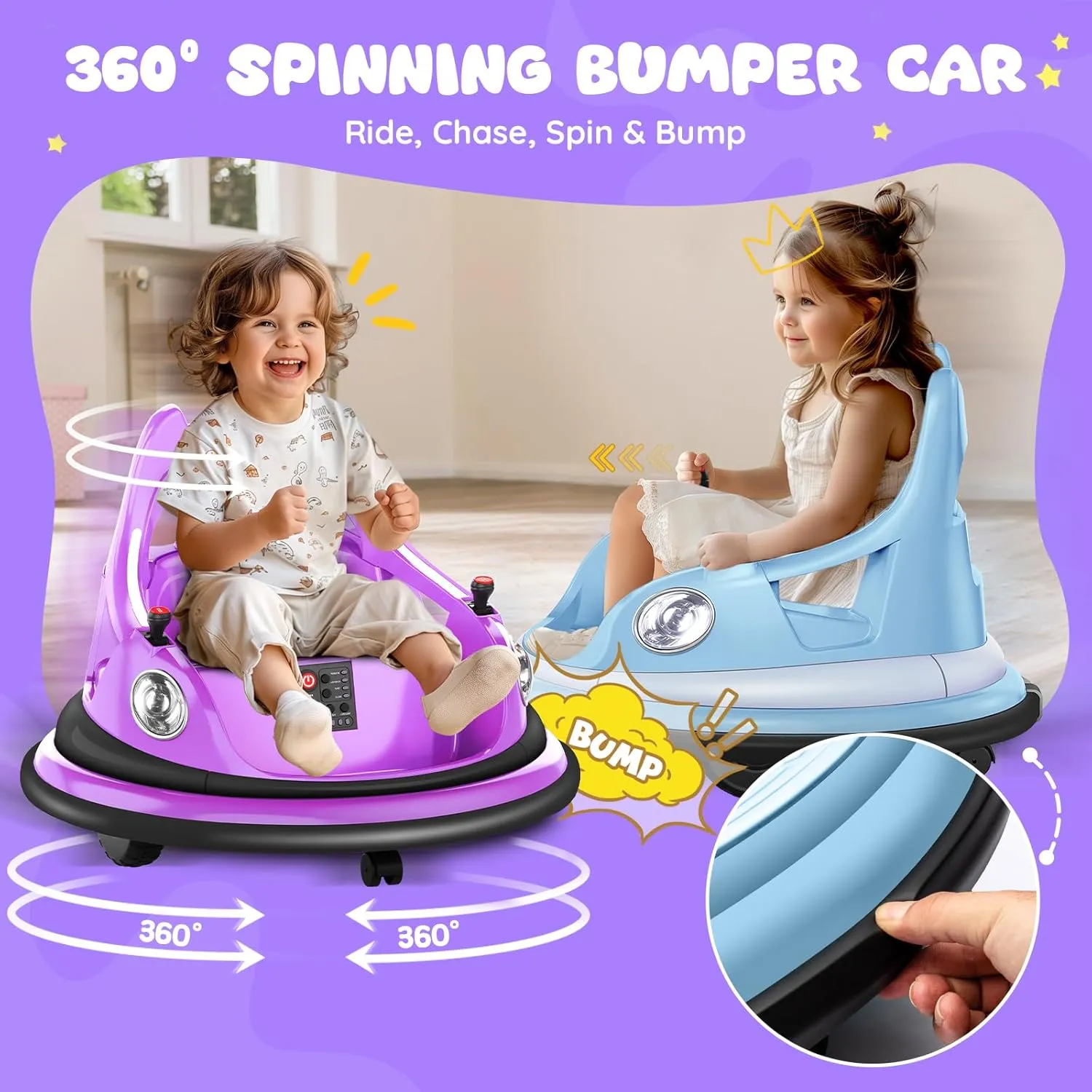 Kids Bumper Car 12 V, Toddlers Ride on Car with Remote Control, Baby Electric Bumper Car with 360 Degree Spin, LED Lights, Music, Aged 3-5 Years, Powder Blue