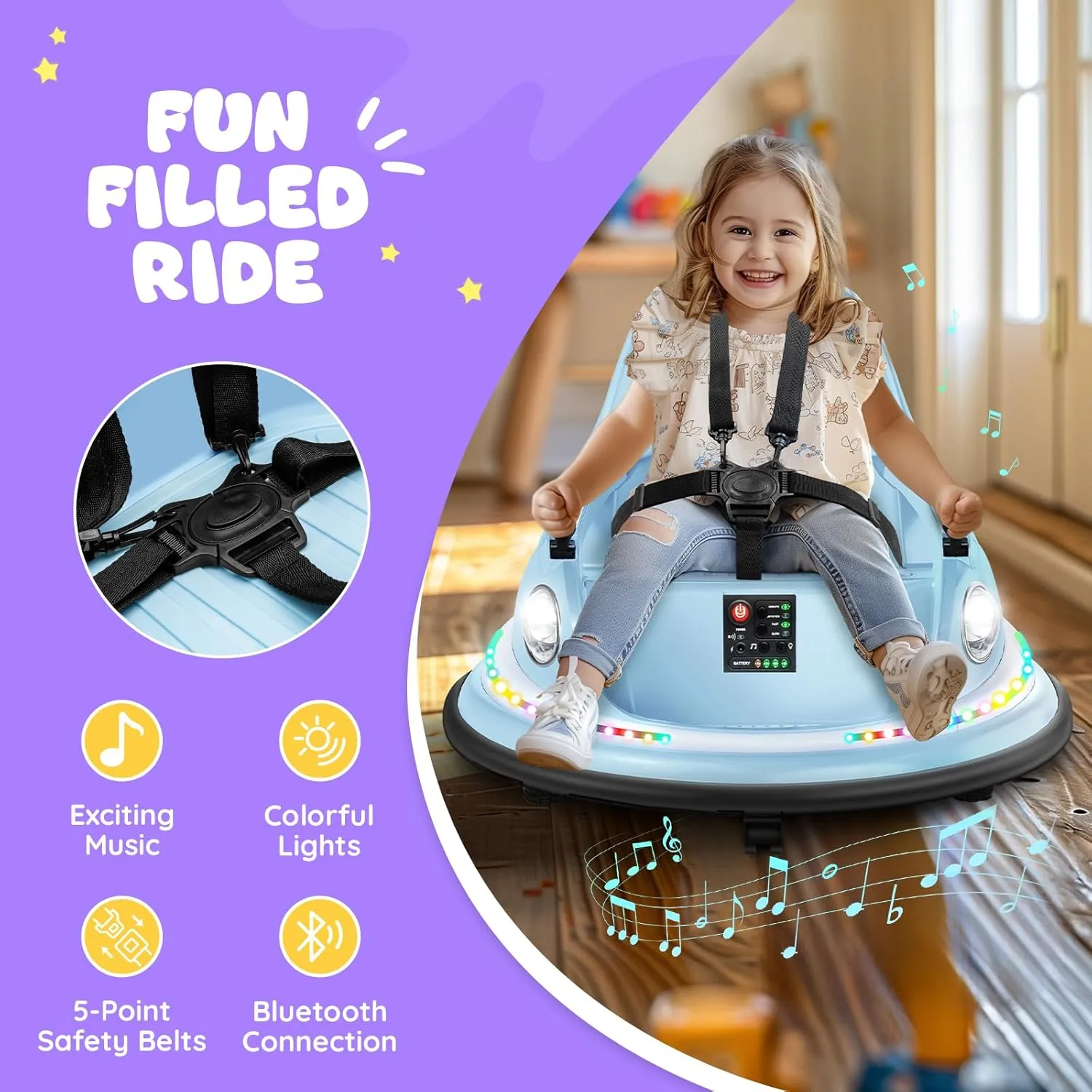 Kids Bumper Car 12 V, Toddlers Ride on Car with Remote Control, Baby Electric Bumper Car with 360 Degree Spin, LED Lights, Music, Aged 3-5 Years, Powder Blue