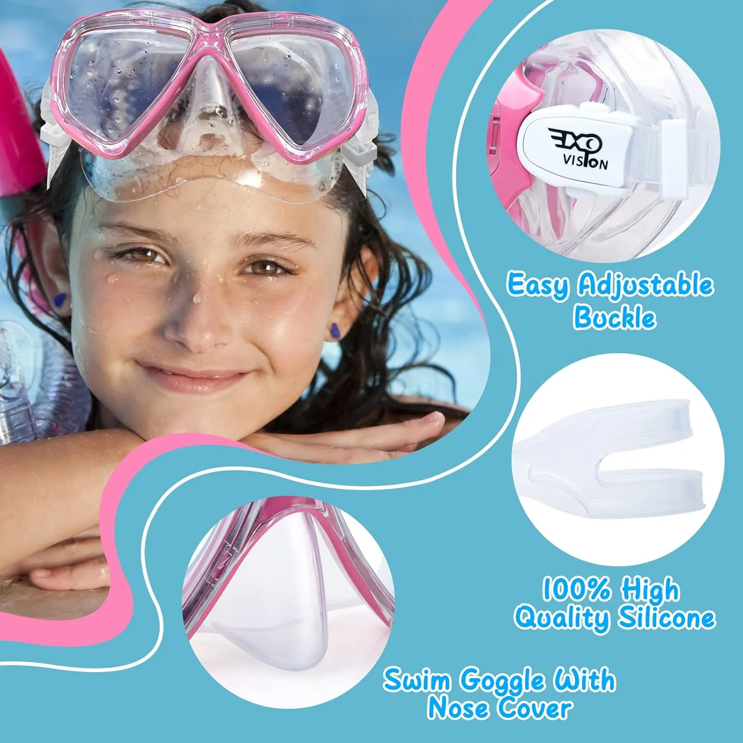 Kids Diving Mask 180° Anti-Fog Swim Mask, Tempered Glass Child Swim Goggles with Nose Cover Anti-Leak Kids Swim Goggles 4-14 Boys Girls for Diving, Snorkeling, Swimming