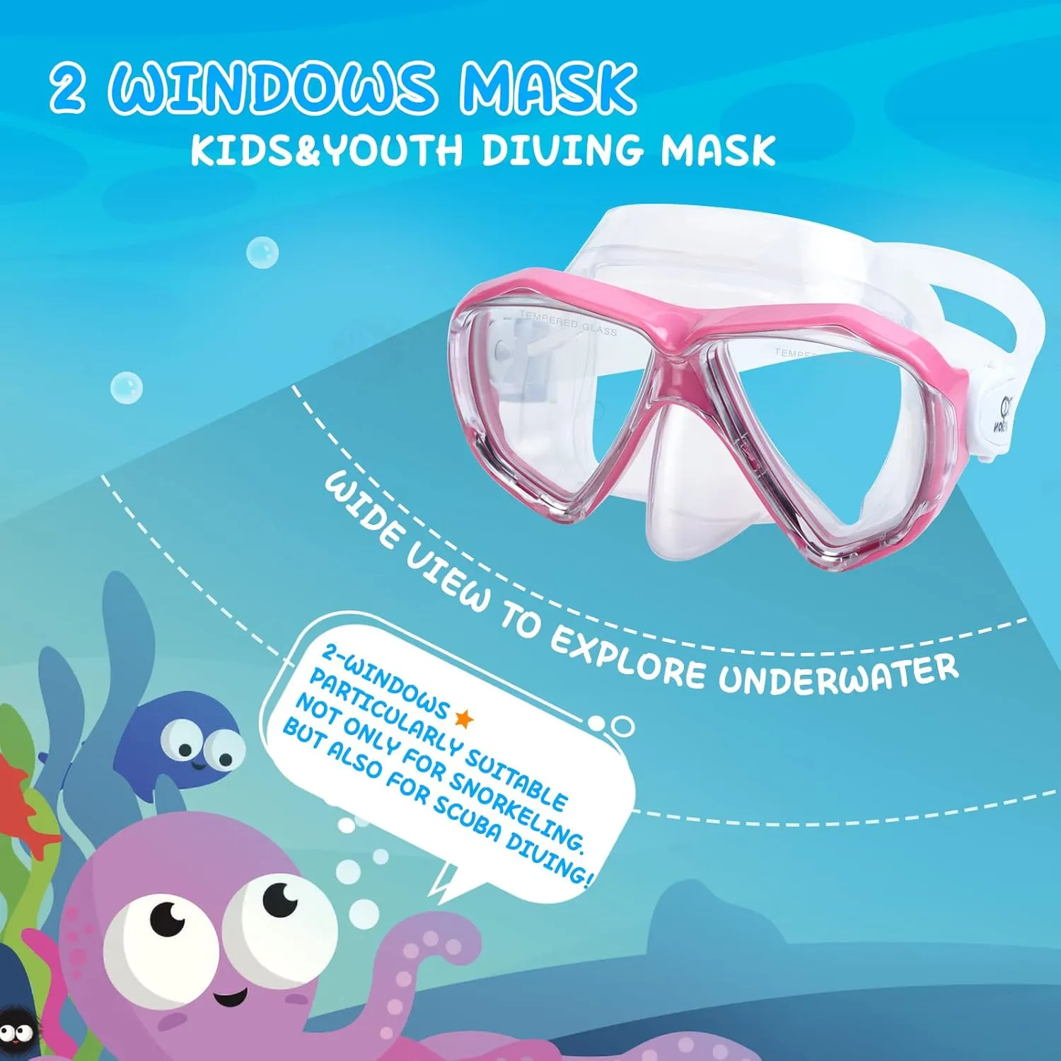 Kids Diving Mask 180° Anti-Fog Swim Mask, Tempered Glass Child Swim Goggles with Nose Cover Anti-Leak Kids Swim Goggles 4-14 Boys Girls for Diving, Snorkeling, Swimming