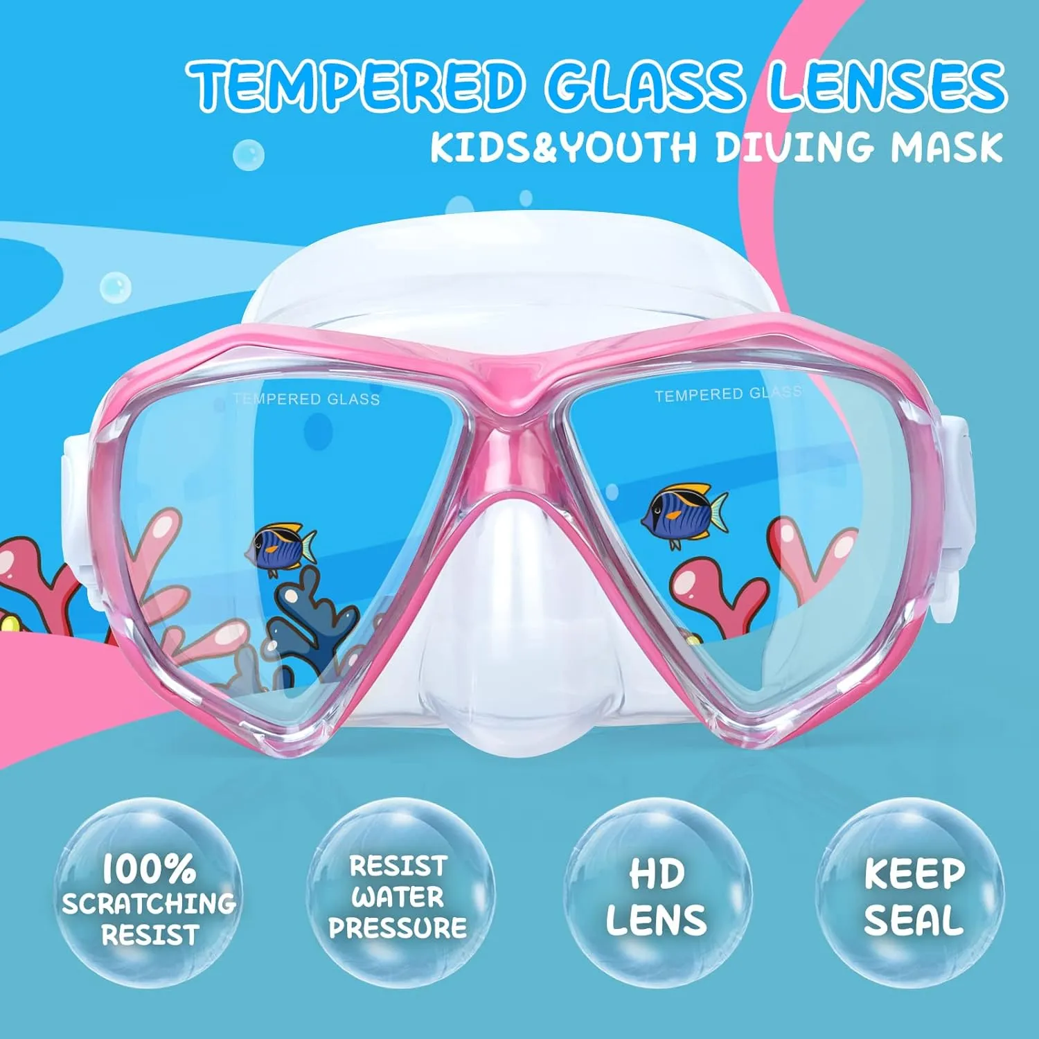 Kids Diving Mask 180° Anti-Fog Swim Mask, Tempered Glass Child Swim Goggles with Nose Cover Anti-Leak Kids Swim Goggles 4-14 Boys Girls for Diving, Snorkeling, Swimming