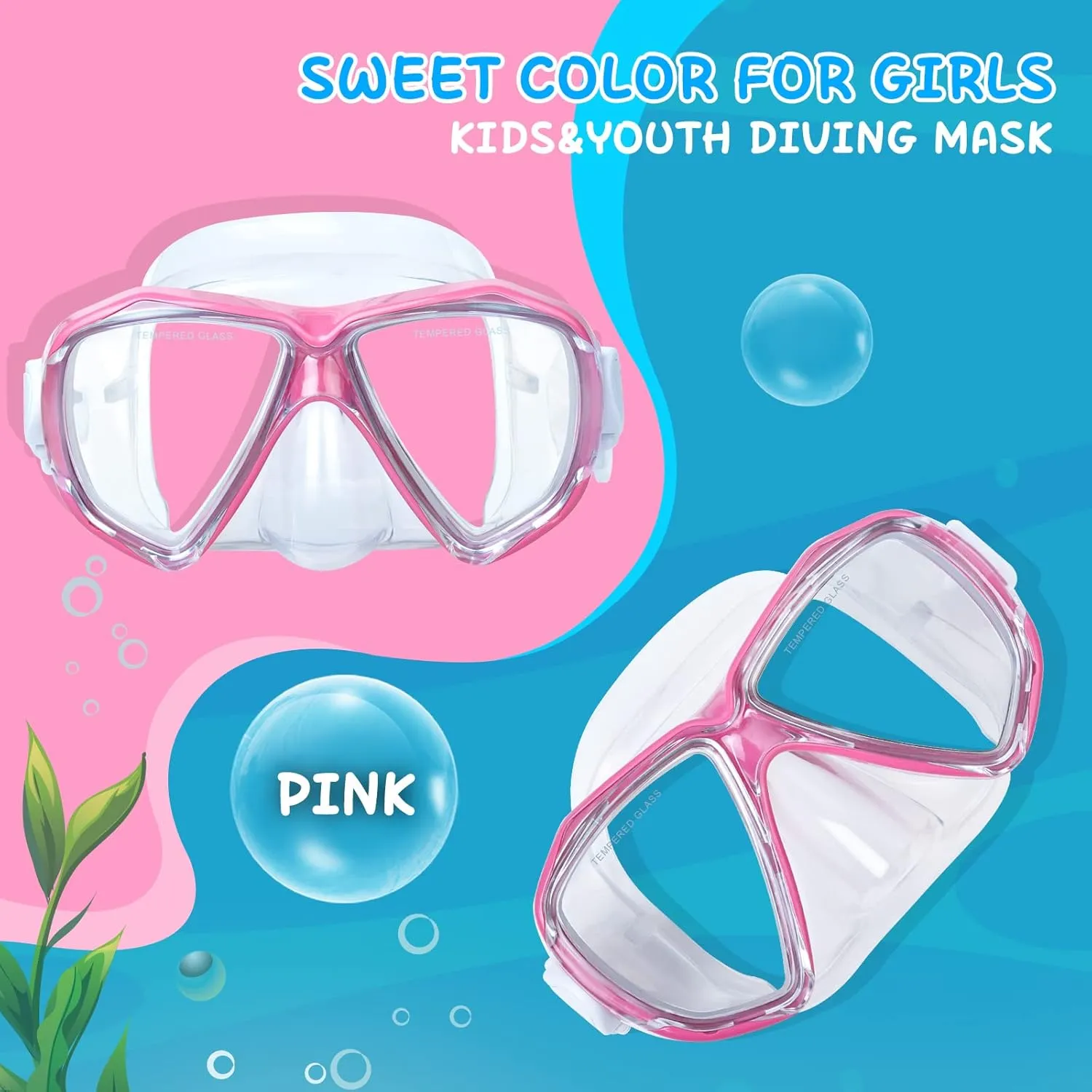 Kids Diving Mask 180° Anti-Fog Swim Mask, Tempered Glass Child Swim Goggles with Nose Cover Anti-Leak Kids Swim Goggles 4-14 Boys Girls for Diving, Snorkeling, Swimming