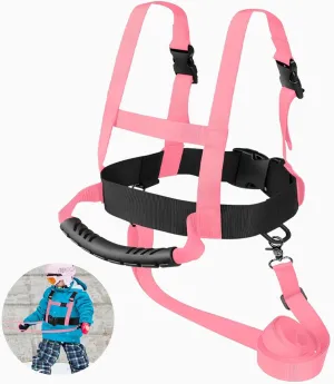 Kids Ski Snowboard Harness for Beginners, Adjustable Nylon Harness with Removable Leash, Pink