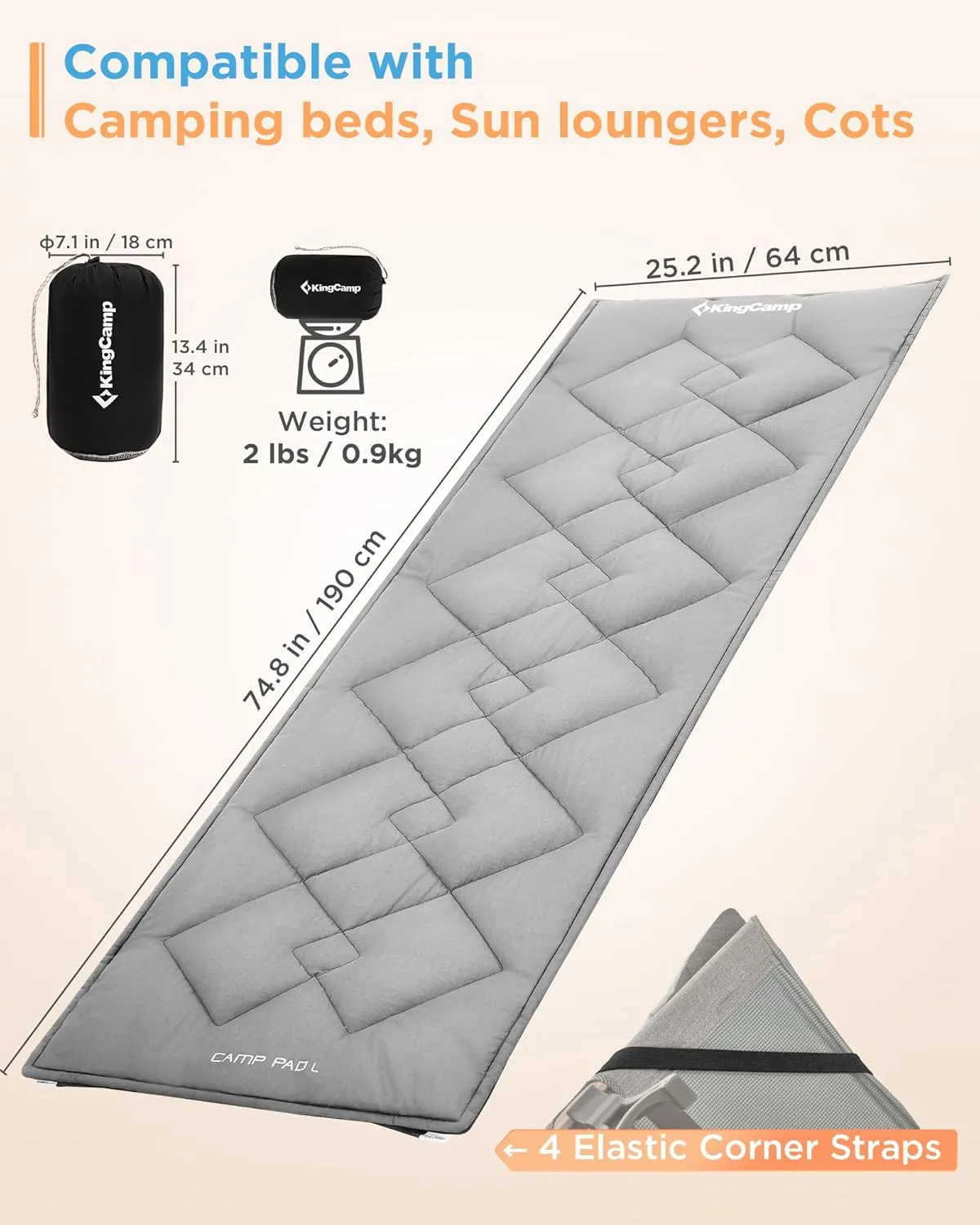 KingCamp Cot Mattress, Portable Lightweight Camping Sleeping Mat Soft Comfortable Non-Slip Cot Pad for Camp Cot, RV Bunk & Twin Beds