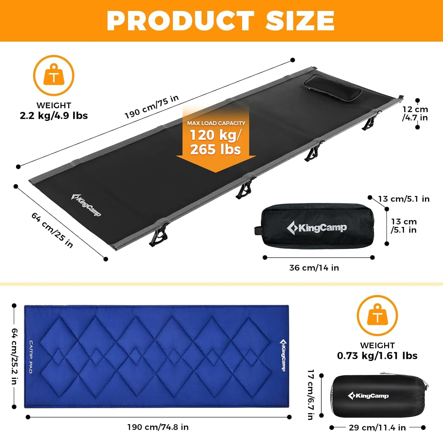 KingCamp Folding Camping Cots, Foldable 265lbs Heavy Duty Portable Ultralight Lightweight Sleeping Bed with Mattress Pad Pillow for Adults Outdoor Backpacking Travel Hiking, Black