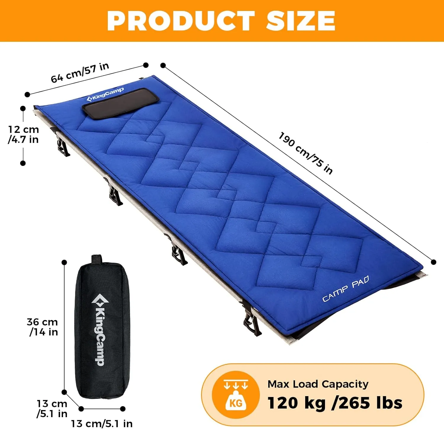 KingCamp Folding Camping Cots, Foldable 265lbs Heavy Duty Portable Ultralight Lightweight Sleeping Bed with Mattress Pad Pillow for Adults Outdoor Backpacking Travel Hiking, Black