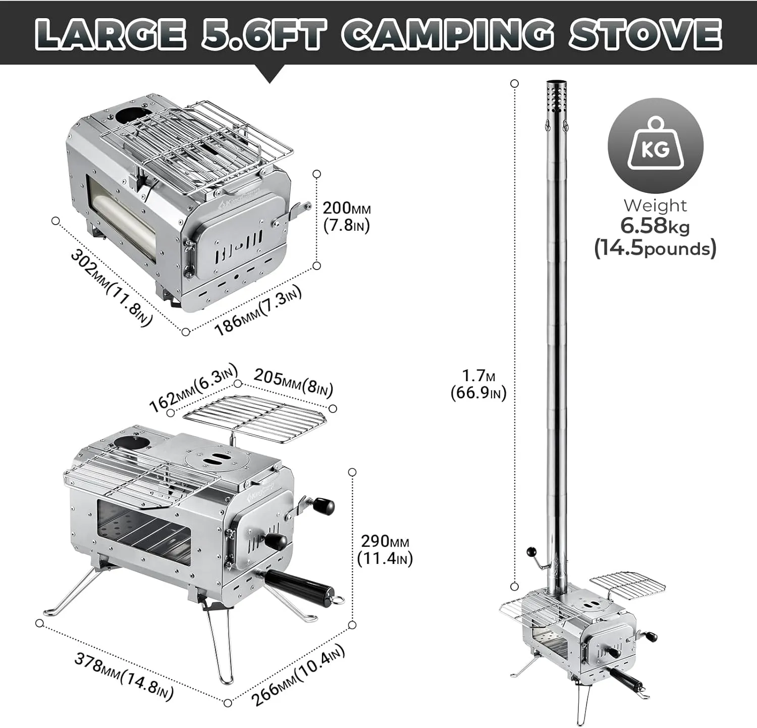 KingCamp Hot Tent Stove, Foldable Camping Stove with Large Firebox, 5.6ft Winter Camping Stove for Tent, Shelter, Cabin Heating, With Chimney Pipes, Heat Resistant Glass & Gloves for Outdoor