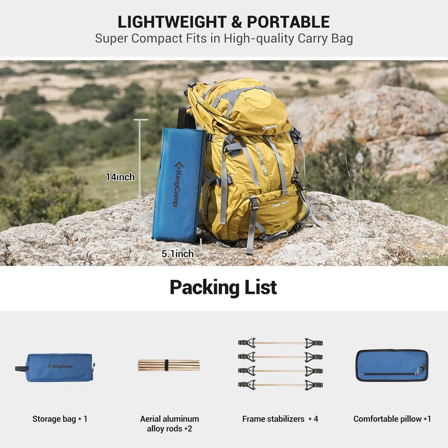 KingCamp Ultralight Camping Cot, Portable Folding Cots 265lbs Heavy Duty Sleeping Bed with Pad Pillow for Adults Outdoor Backpacking Travel Hiking, Blue/Black