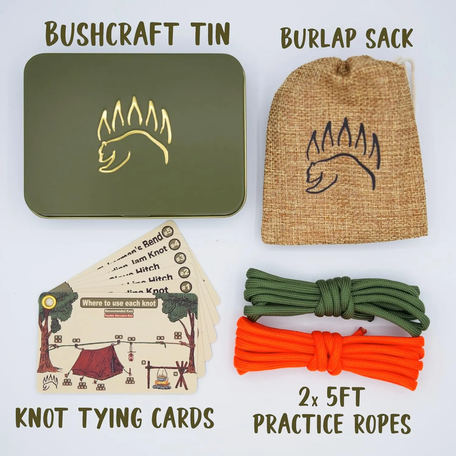 Knot Tying Kit | Camping & Outdoor Knots Edition - by The Bear Essentials Outdoors with Waterproof Knot Cards | for Survival, Camping, Backpacking, Hiking & Scouts