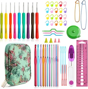 KOKNIT Crochet Hook Set with Storage Box - 9 Soft Grip Ergonomic Crochet Hooks, 12 Colorful Aluminum Yarns, with Crochet Supplies and Accessories