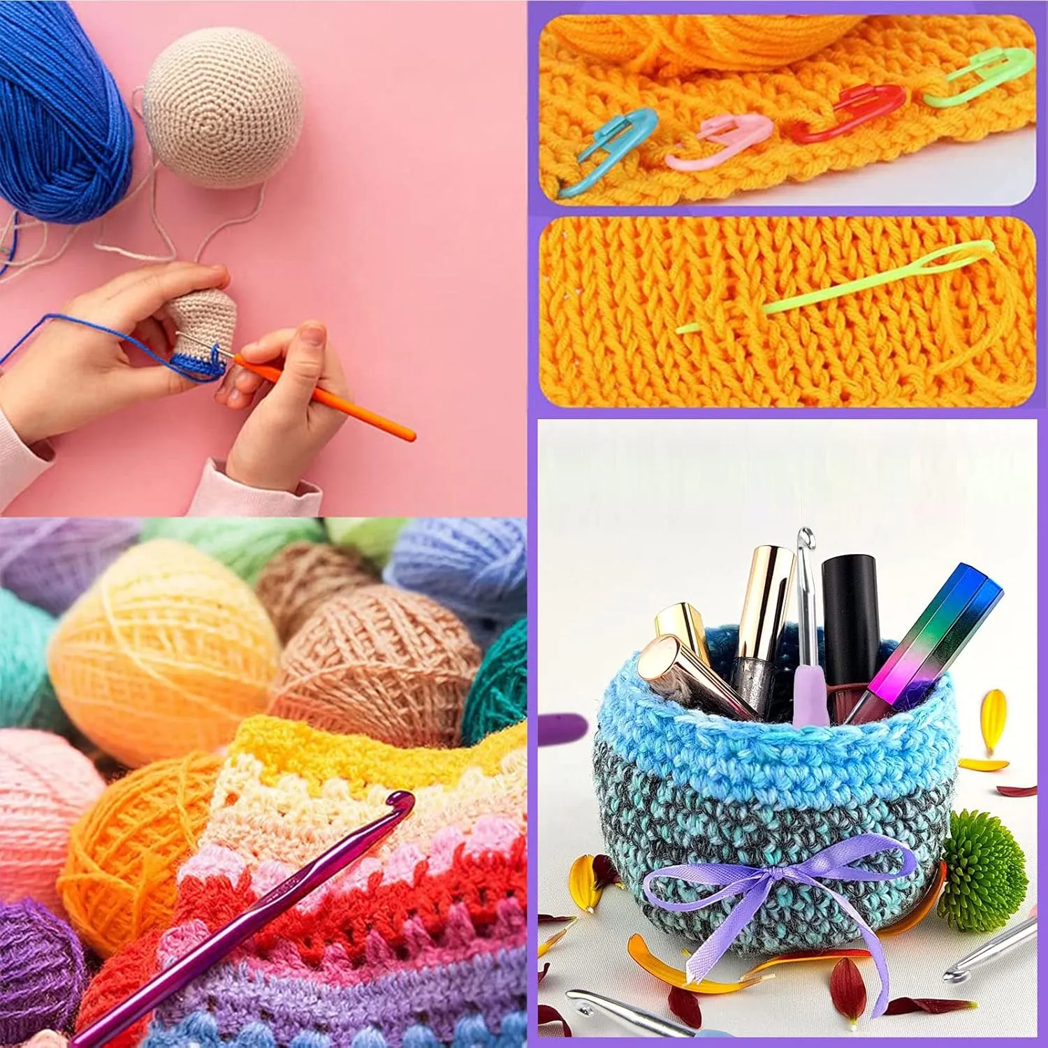 KOKNIT Crochet Hook Set with Storage Box - 9 Soft Grip Ergonomic Crochet Hooks, 12 Colorful Aluminum Yarns, with Crochet Supplies and Accessories