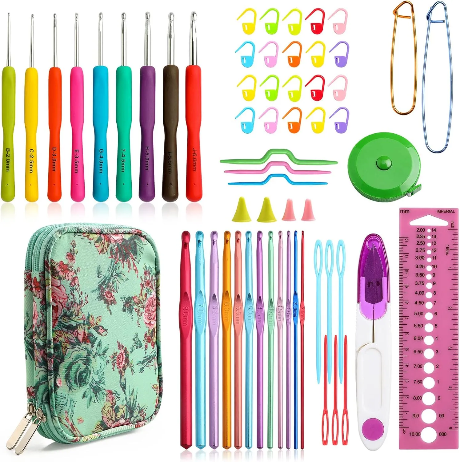 KOKNIT Crochet Hook Set with Storage Box - 9 Soft Grip Ergonomic Crochet Hooks, 12 Colorful Aluminum Yarns, with Crochet Supplies and Accessories