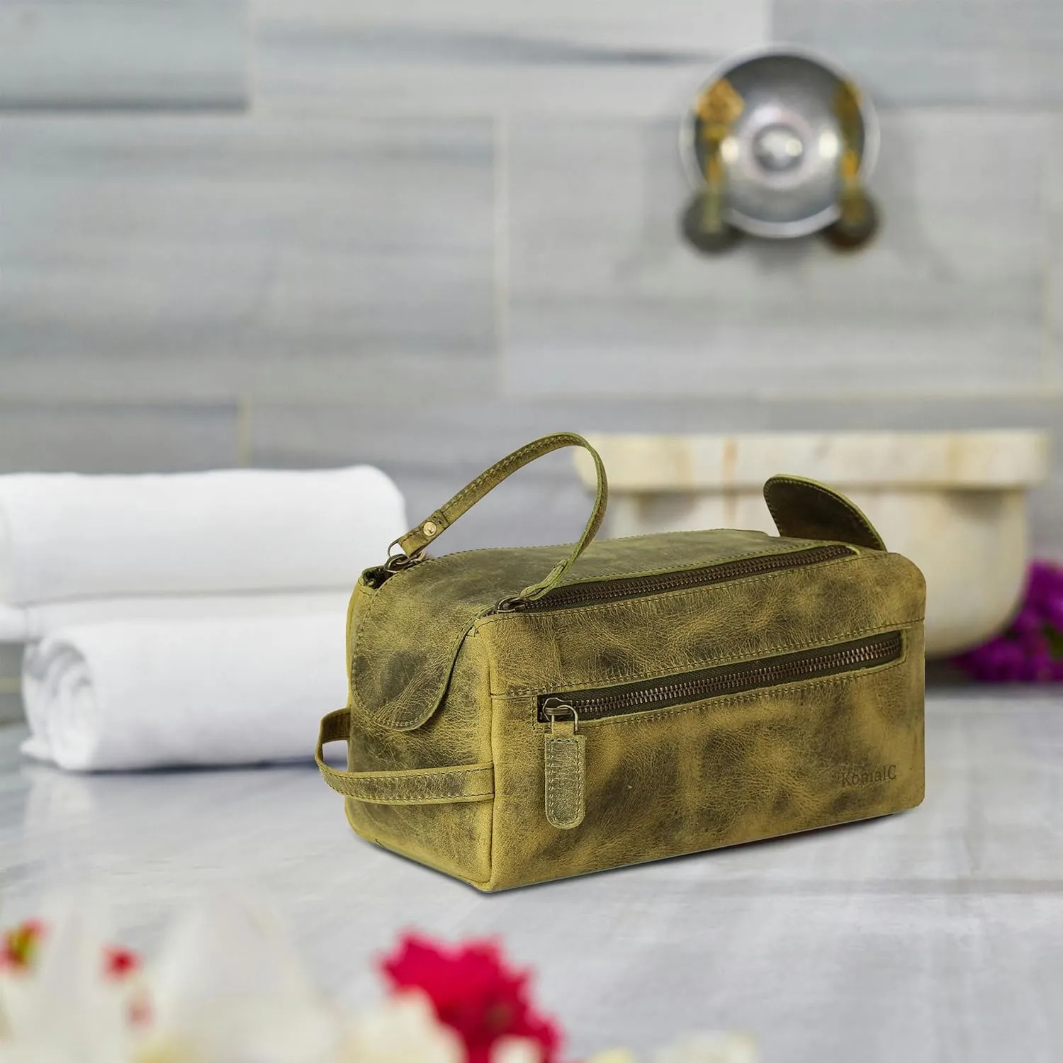 KomalC Premium Buffalo Leather Unisex Toiletry Bag Travel Dopp Kit