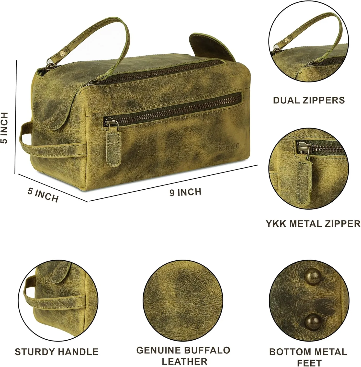 KomalC Premium Buffalo Leather Unisex Toiletry Bag Travel Dopp Kit