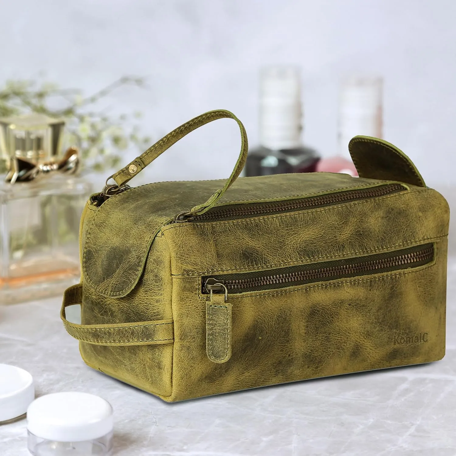 KomalC Premium Buffalo Leather Unisex Toiletry Bag Travel Dopp Kit
