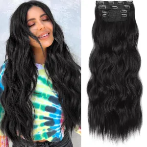 KooKaStyle Clip in Hair Extensions 4PCS Long Wavy Synthetic Dark Black Brown Fiber Double Weft Natural Thick Hairpieces 24Inch for Women