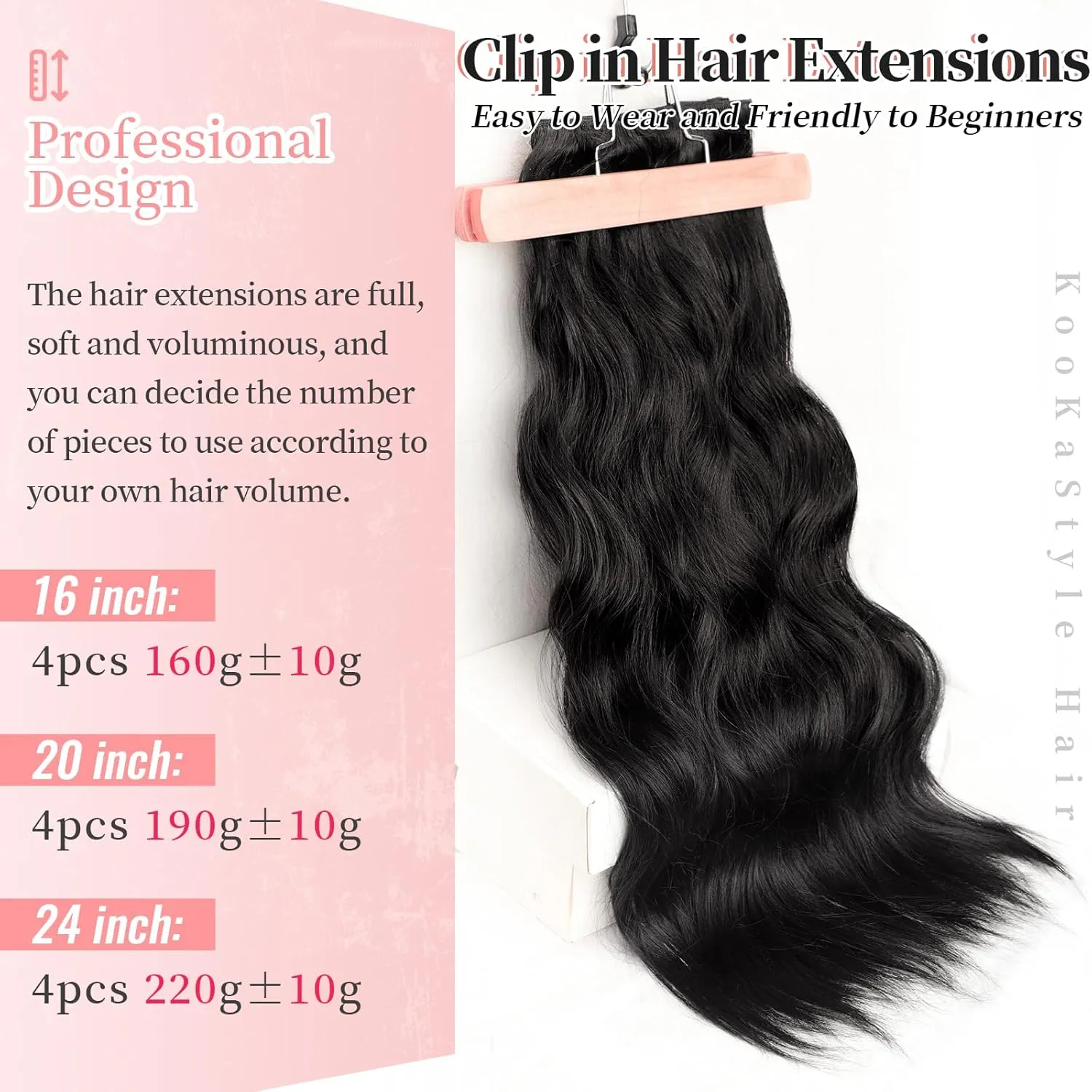 KooKaStyle Clip in Hair Extensions 4PCS Long Wavy Synthetic Dark Black Brown Fiber Double Weft Natural Thick Hairpieces 24Inch for Women