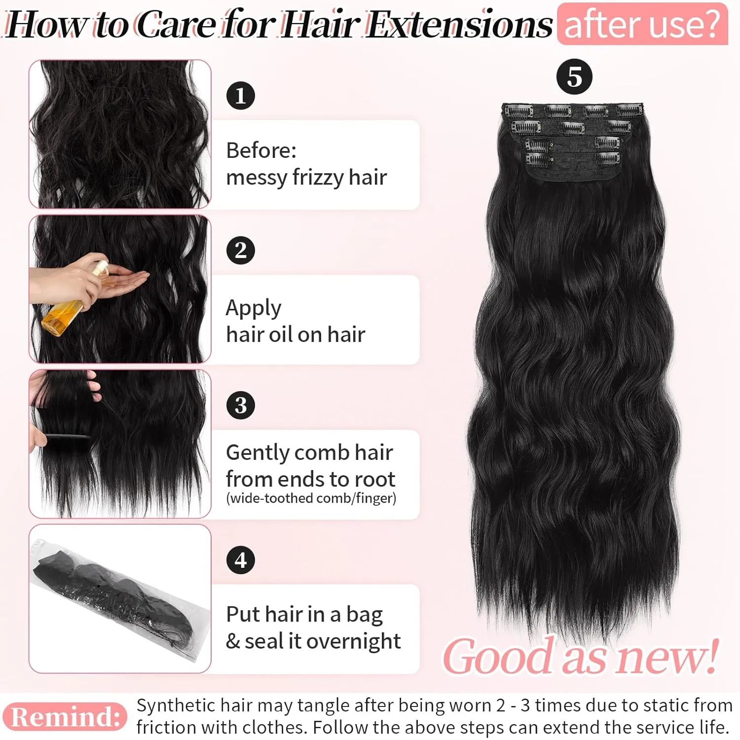 KooKaStyle Clip in Hair Extensions 4PCS Long Wavy Synthetic Dark Black Brown Fiber Double Weft Natural Thick Hairpieces 24Inch for Women