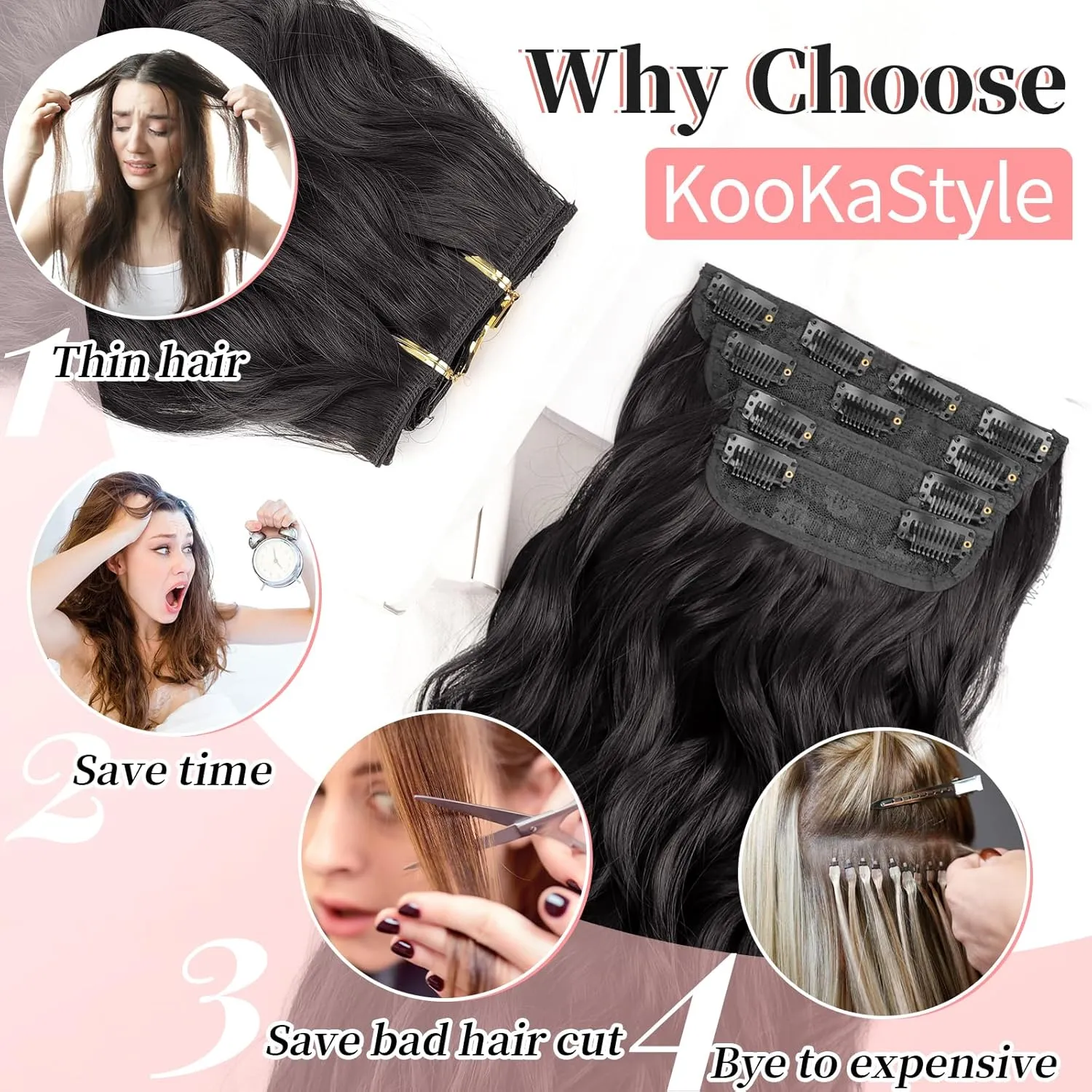 KooKaStyle Clip in Hair Extensions 4PCS Long Wavy Synthetic Dark Black Brown Fiber Double Weft Natural Thick Hairpieces 24Inch for Women