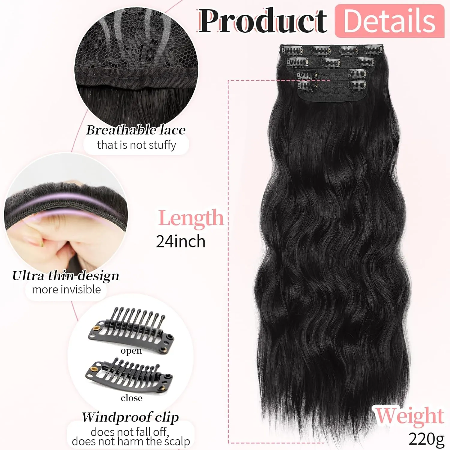 KooKaStyle Clip in Hair Extensions 4PCS Long Wavy Synthetic Dark Black Brown Fiber Double Weft Natural Thick Hairpieces 24Inch for Women