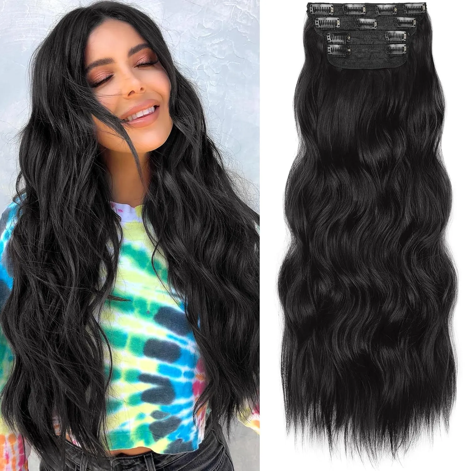 KooKaStyle Clip in Hair Extensions 4PCS Long Wavy Synthetic Dark Black Brown Fiber Double Weft Natural Thick Hairpieces 24Inch for Women