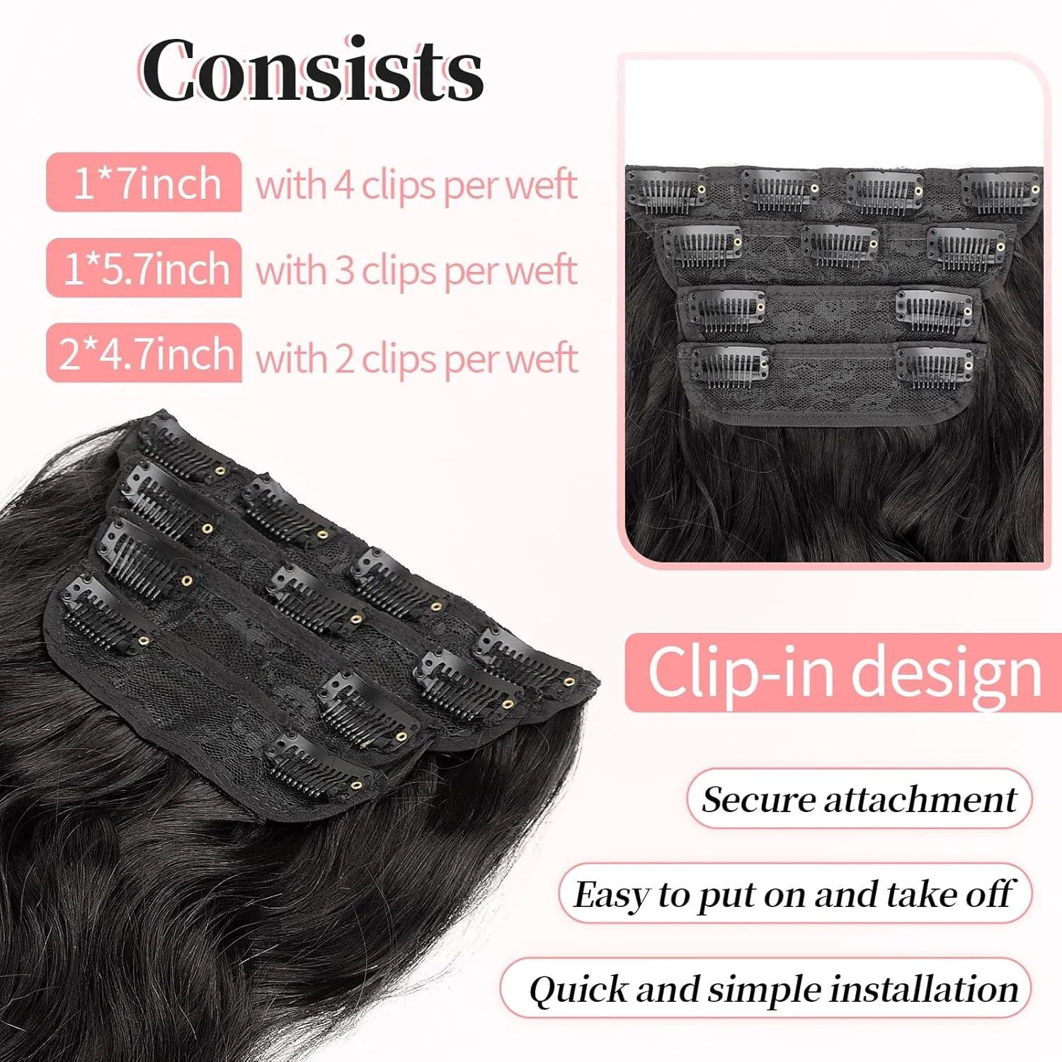 KooKaStyle Clip in Hair Extensions 4PCS Long Wavy Synthetic Dark Black Brown Fiber Double Weft Natural Thick Hairpieces 24Inch for Women