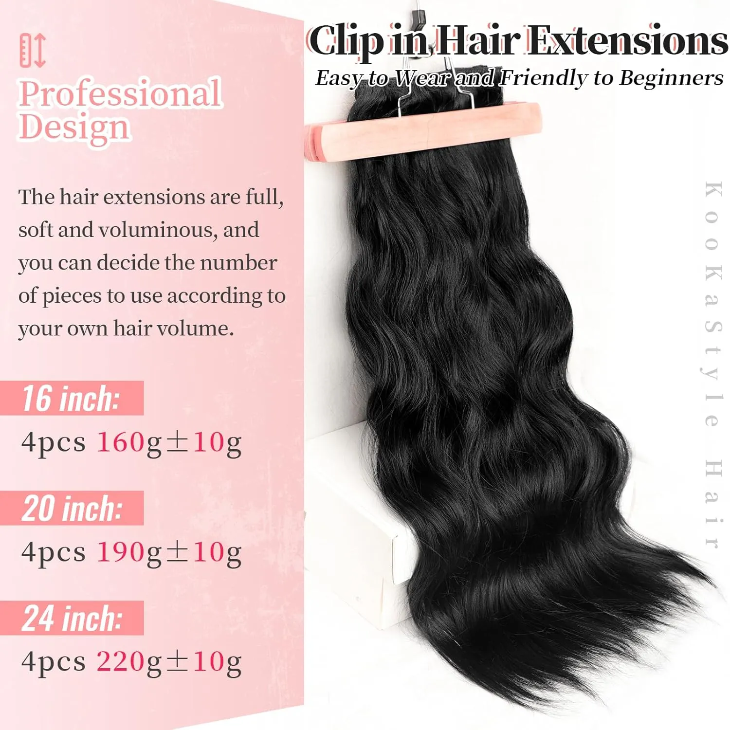 KooKaStyle Clip in Synthetic Hair Extensions Long Wavy 4PCS Thick Hairpieces Black Fiber Double Weft Natural Hair Extensions 20 Inch for Women
