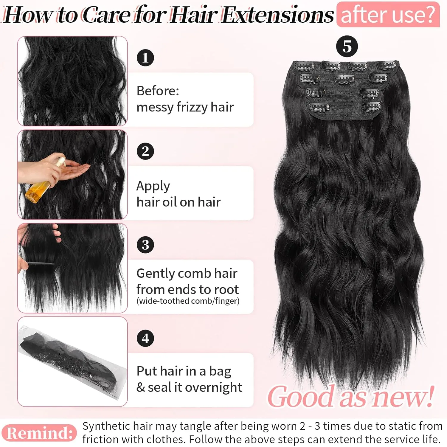 KooKaStyle Clip in Synthetic Hair Extensions Long Wavy 4PCS Thick Hairpieces Black Fiber Double Weft Natural Hair Extensions 20 Inch for Women