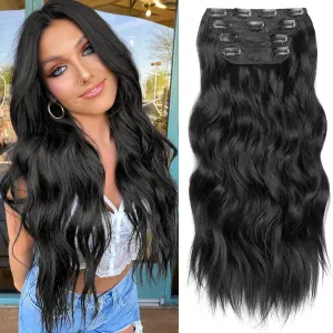 KooKaStyle Clip in Synthetic Hair Extensions Long Wavy 4PCS Thick Hairpieces Black Fiber Double Weft Natural Hair Extensions 20 Inch for Women