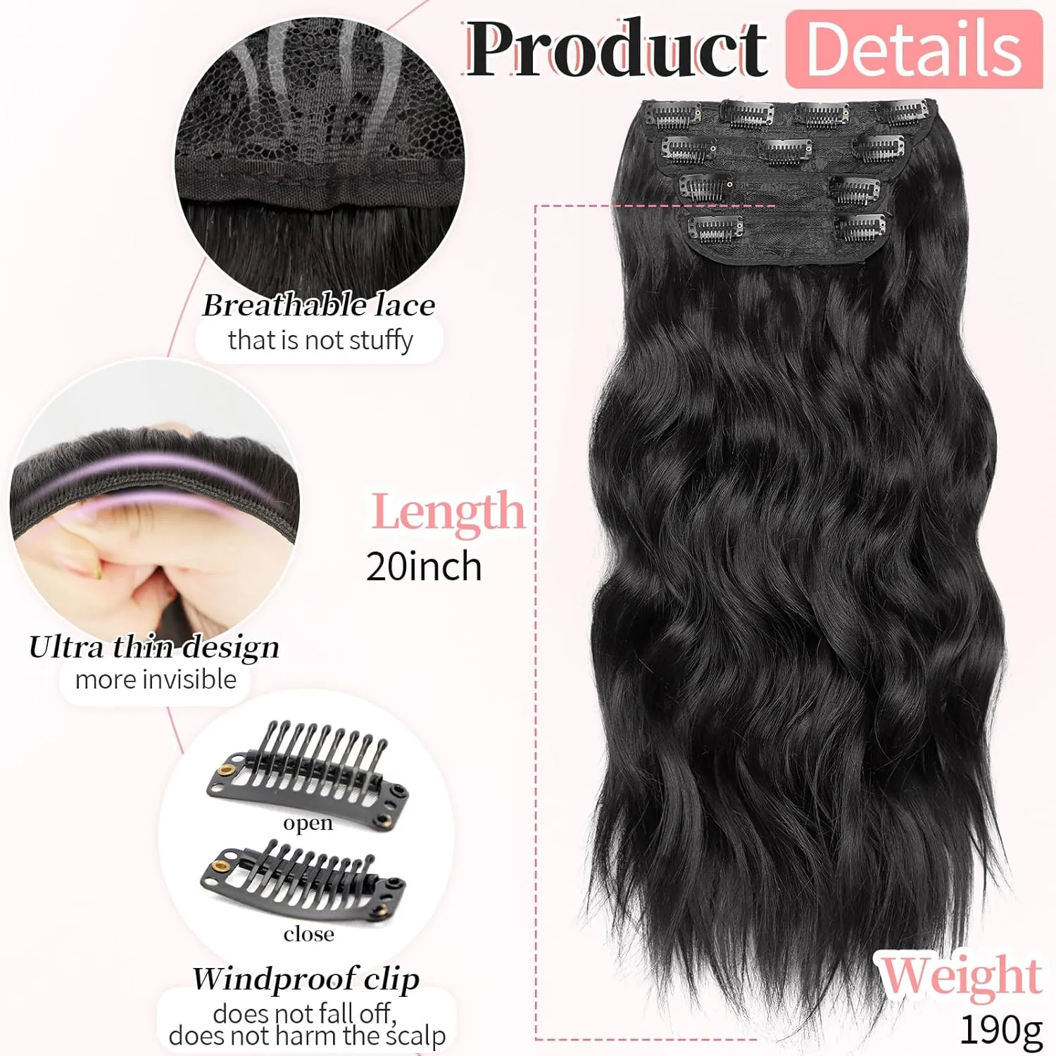 KooKaStyle Clip in Synthetic Hair Extensions Long Wavy 4PCS Thick Hairpieces Black Fiber Double Weft Natural Hair Extensions 20 Inch for Women