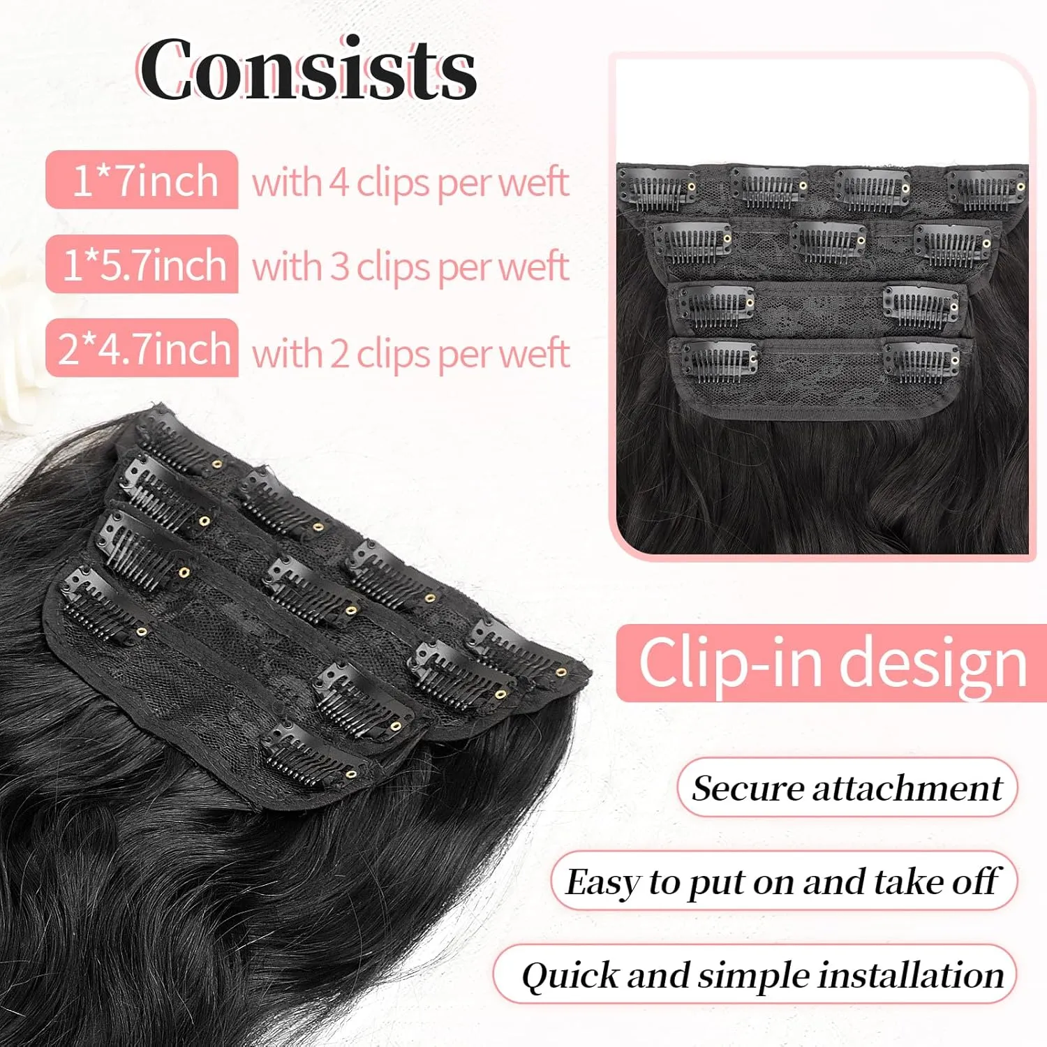 KooKaStyle Clip in Synthetic Hair Extensions Long Wavy 4PCS Thick Hairpieces Black Fiber Double Weft Natural Hair Extensions 20 Inch for Women