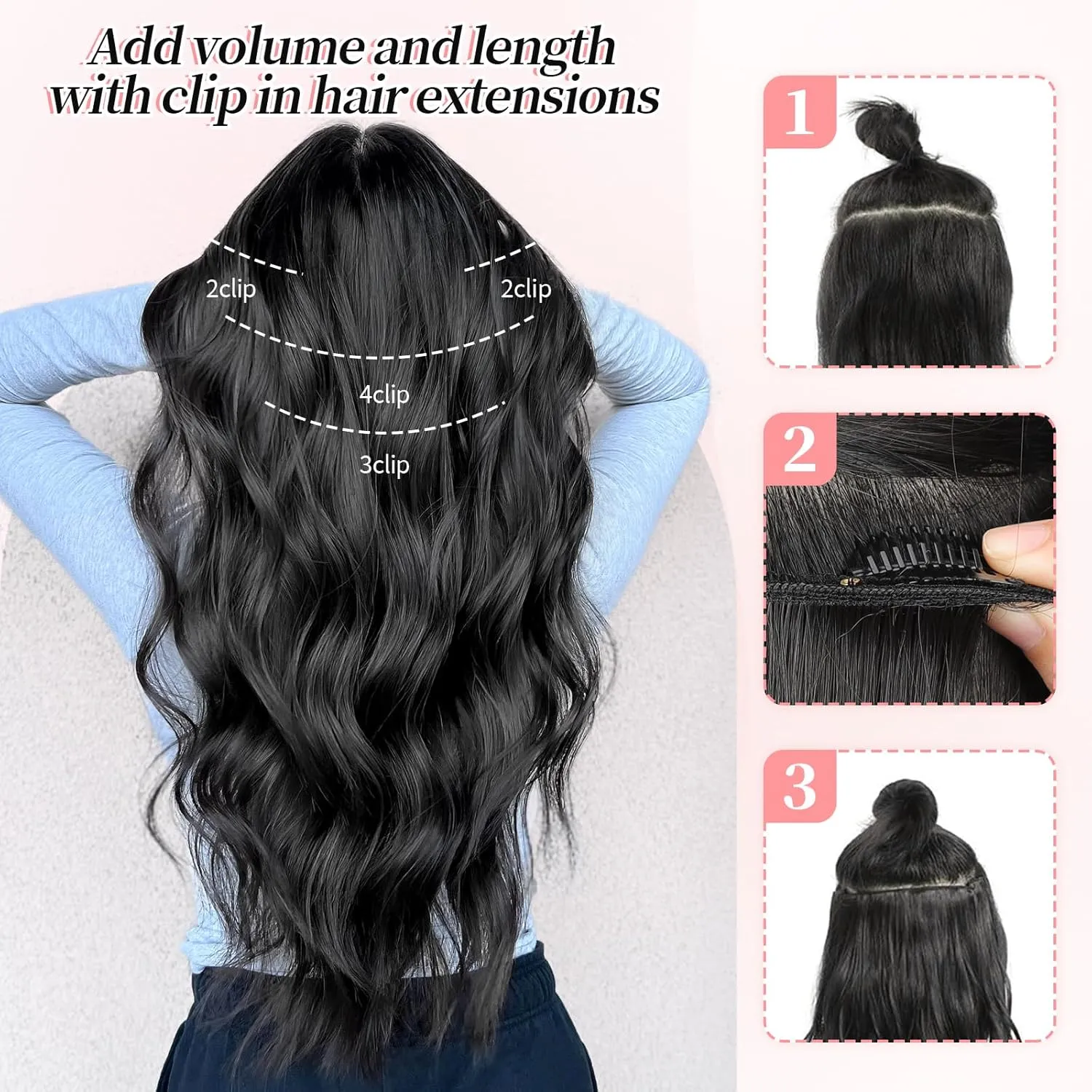 KooKaStyle Clip in Synthetic Hair Extensions Long Wavy 4PCS Thick Hairpieces Black Fiber Double Weft Natural Hair Extensions 20 Inch for Women