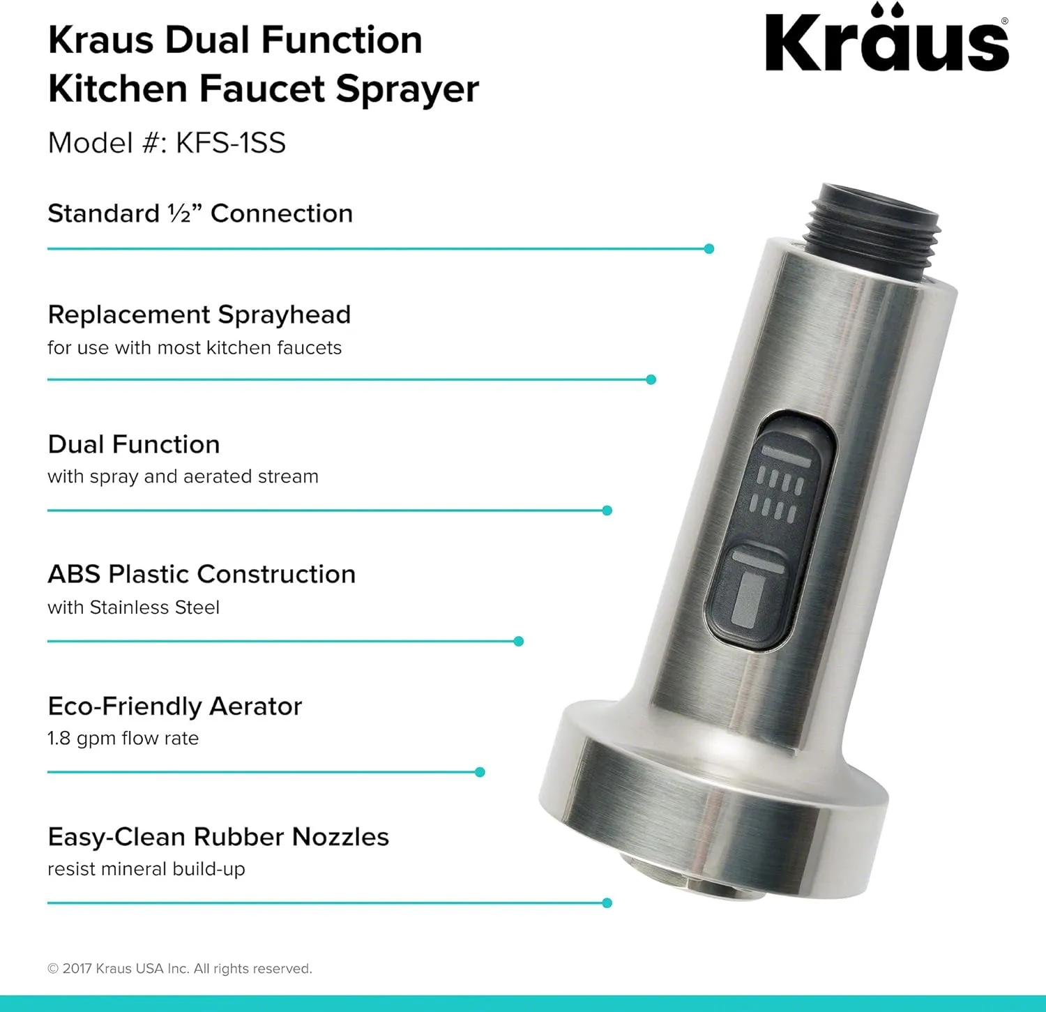 Kraus KFS-1SS Dual Function Kitchen Faucet Sprayer, Stainless Steel