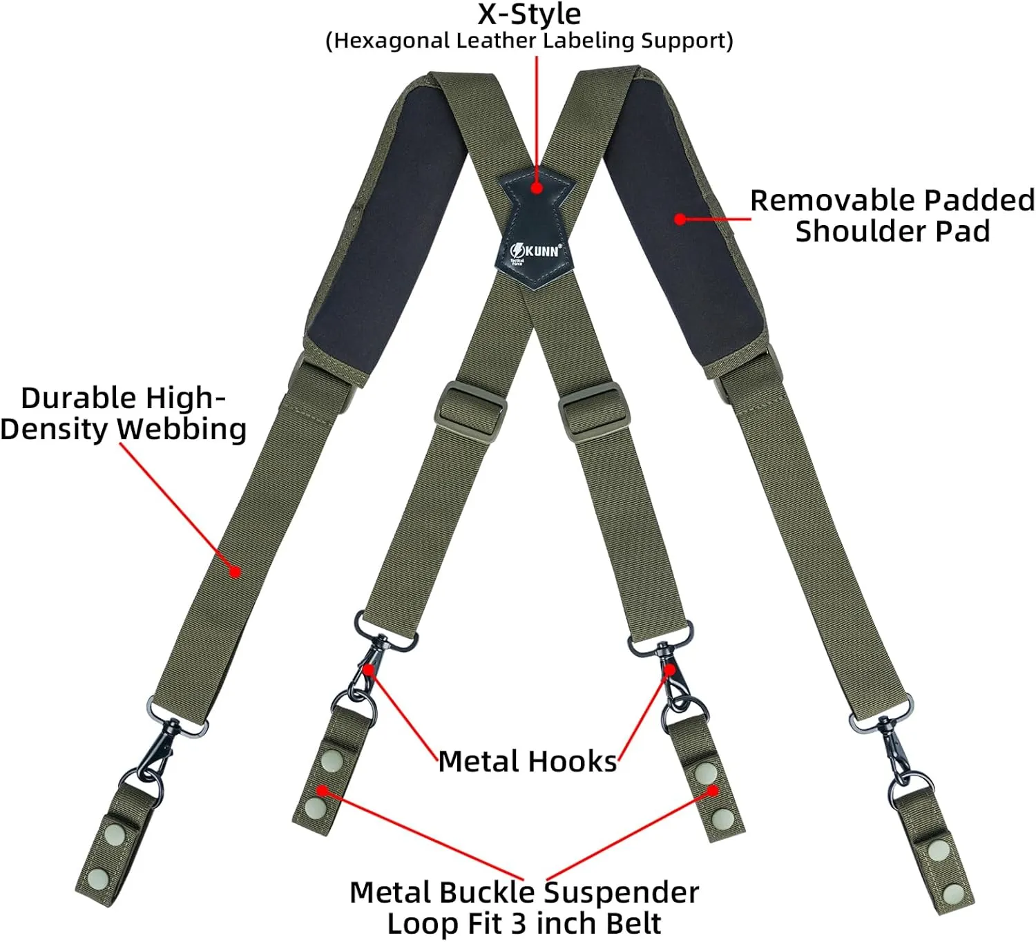KUNN Tactical Harness Police Suspenders for Duty Belt with Metal Hook Adjustable Padded Shoulder Pads,Army Green