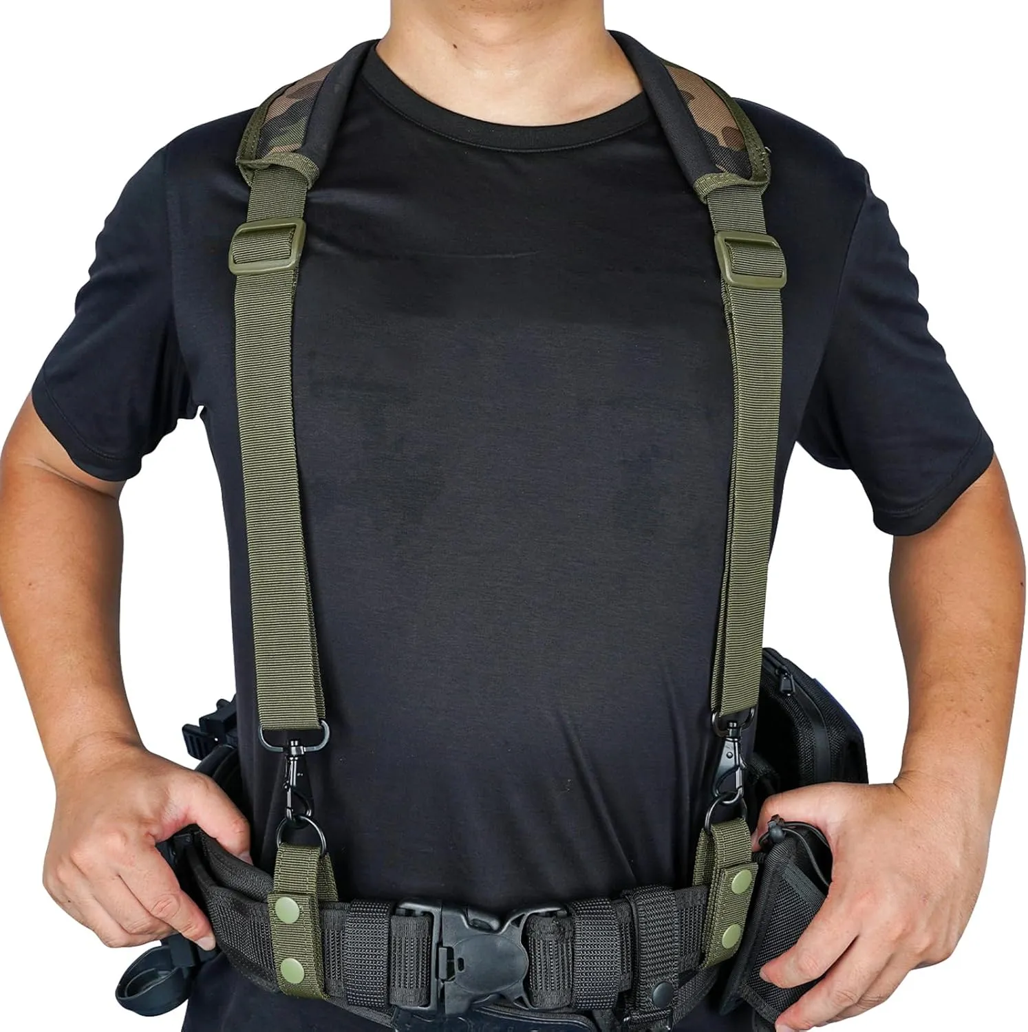 KUNN Tactical Harness Police Suspenders for Duty Belt with Metal Hook Adjustable Padded Shoulder Pads,Army Green