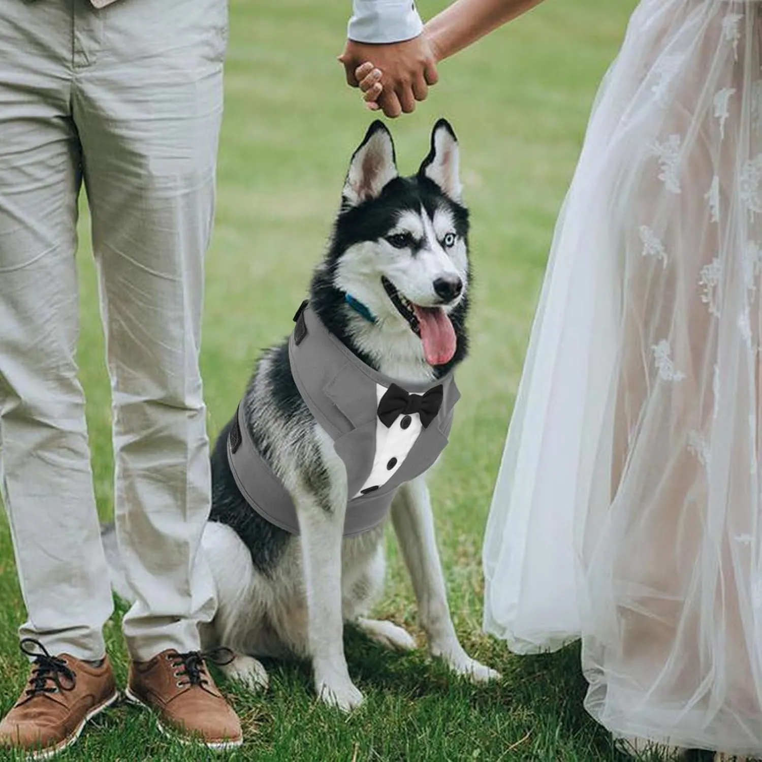 Kuoser Tuxedo Dog Harness, Adjustable No Pull for Small Medium Dogs, Wedding Suit with Bow Tie Party Costume, Gray M