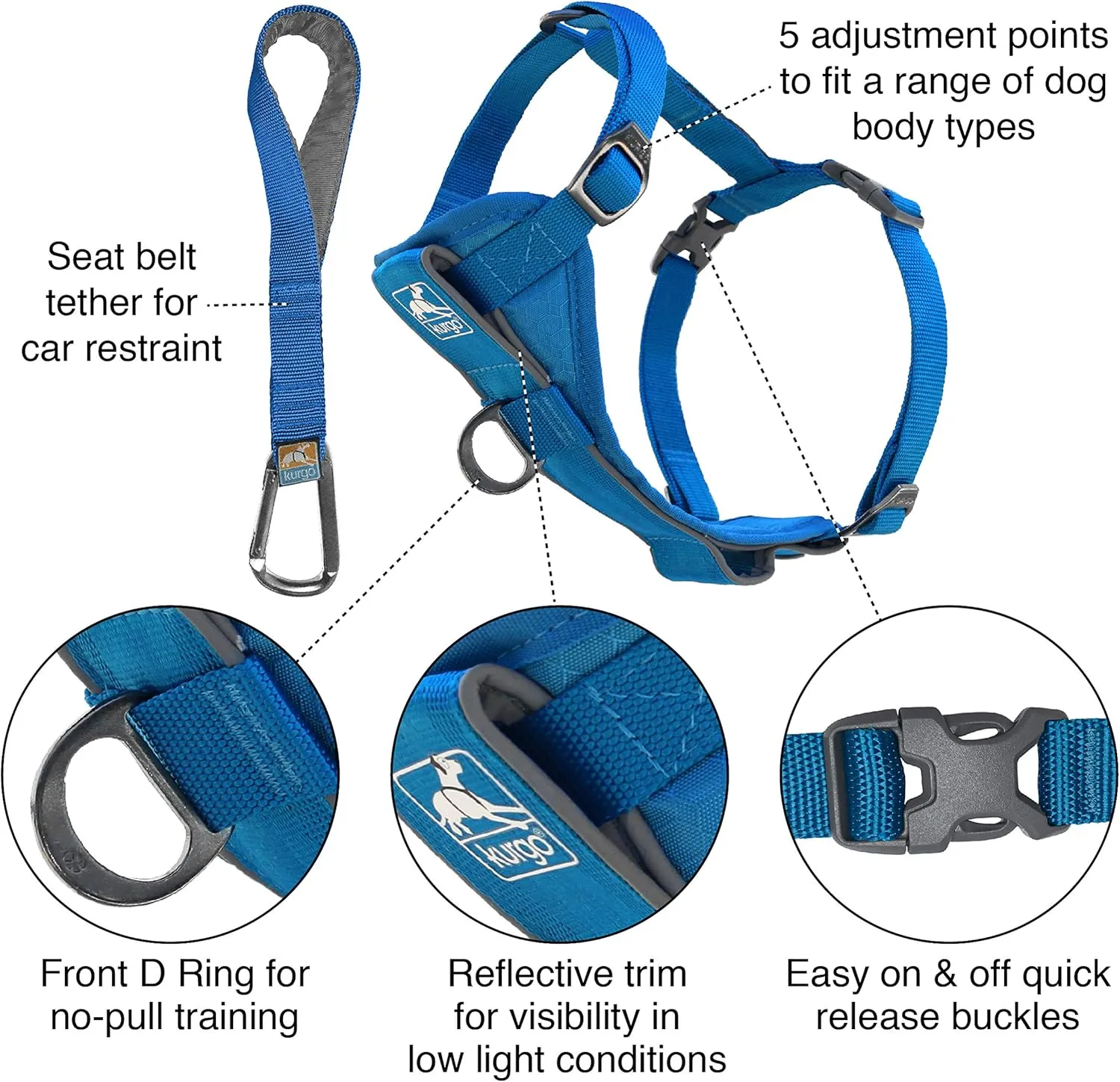 Kurgo Tru-Fit Smart Harness, Dog Harness, Pet Walking Harness, Quick Release Buckles, Front D-Ring for No Pull Training, Includes Dog Seat Belt Tether (Blue, Small)