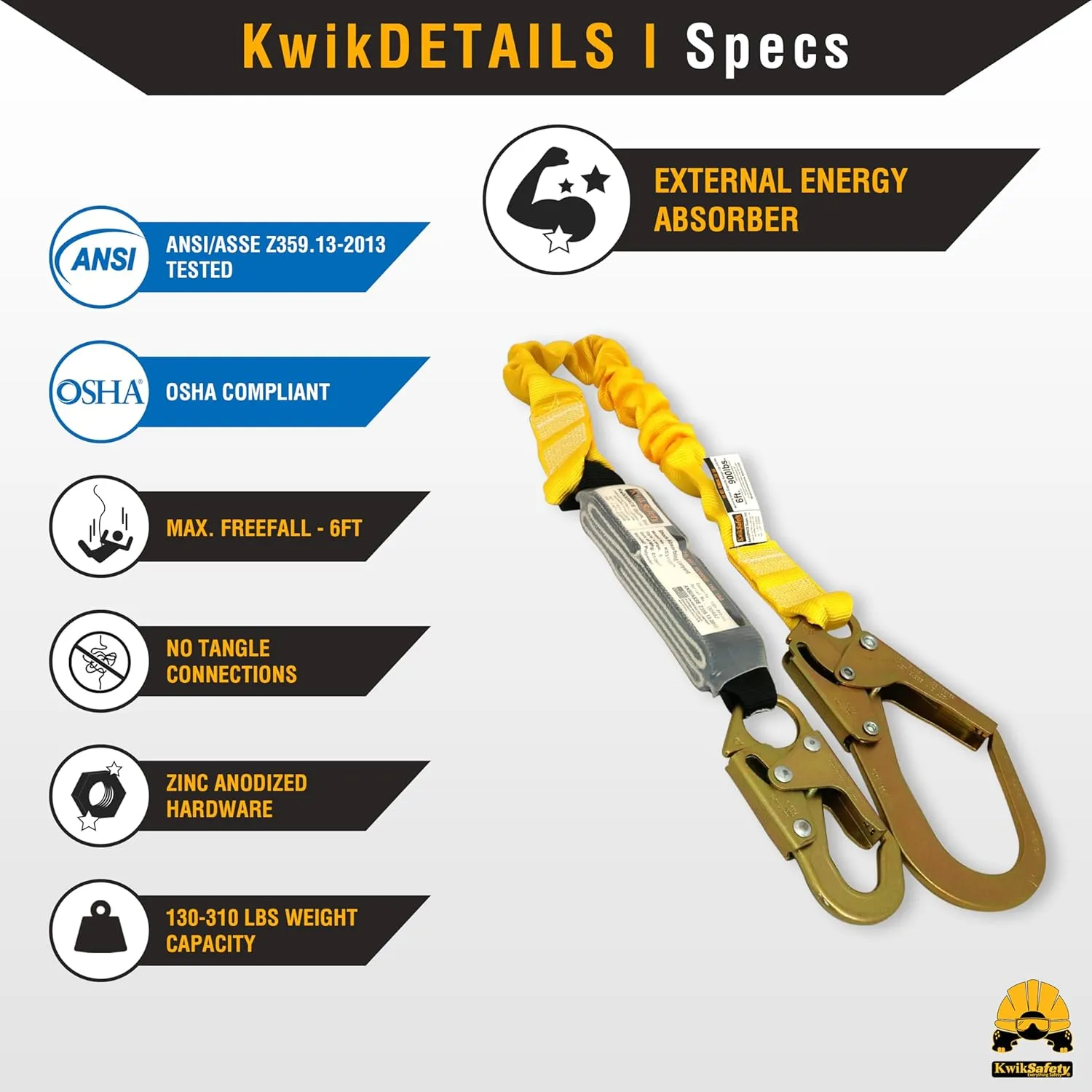 KwikSafety - Charlotte, NC - BOA [4 PACK] External Shock Absorber Single Leg 6ft Safety Lanyard OSHA ANSI Fall Protection Restraint Equipment Snap Rebar Hook Connectors Construction Arborist Roofing