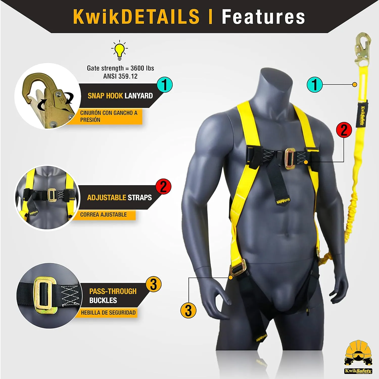 KwikSafety SCORPION Safety Harness Fall Protection Kit | Fall Protection Harness & Attached 6ft Lanyard | ANSI OSHA