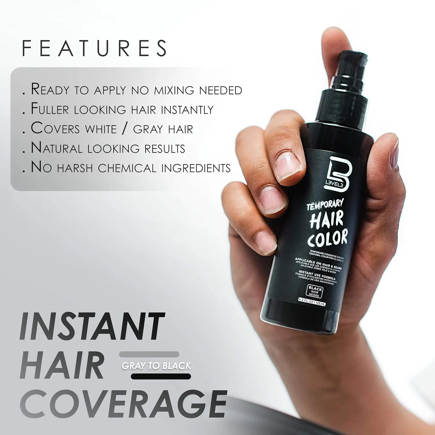 L3 - Temporary Beard Color - Full Beard in Minutes - Easy to Apply and No Mixing Required - Level 3 Natural Looking Black Dye