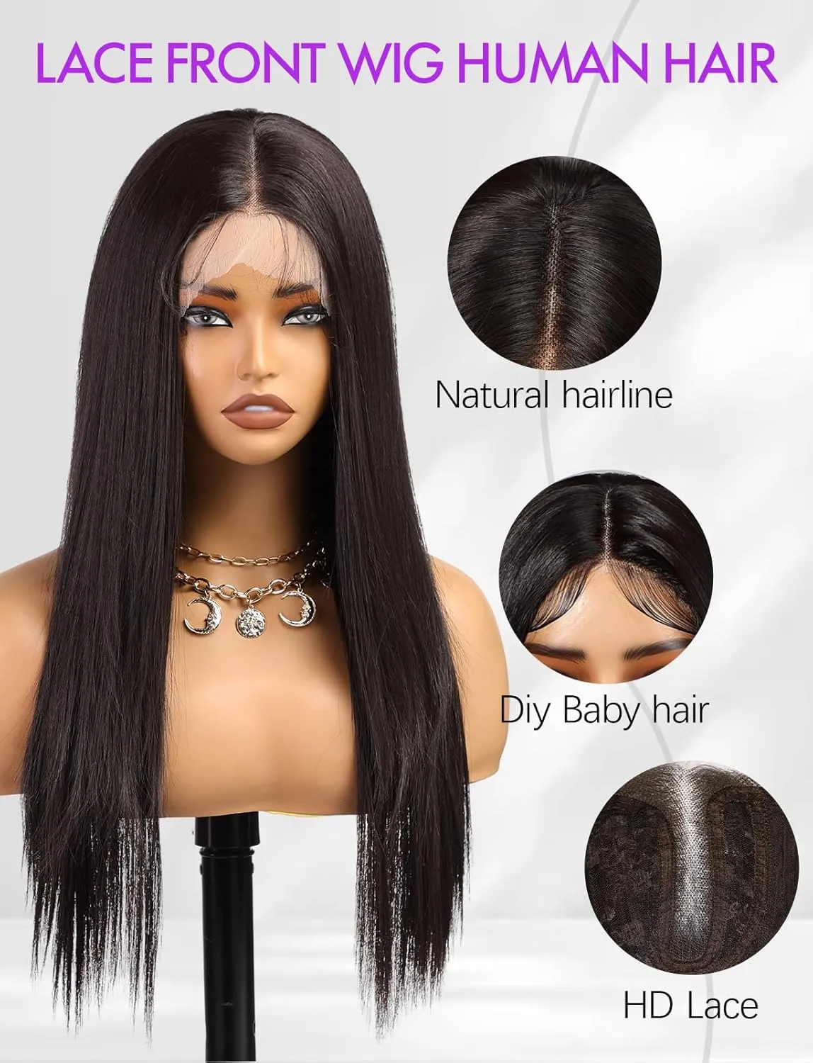 Lace Front Wig Synthetic Long Straight Gluless Black Wigs With Baby Hair For Women 26Inch